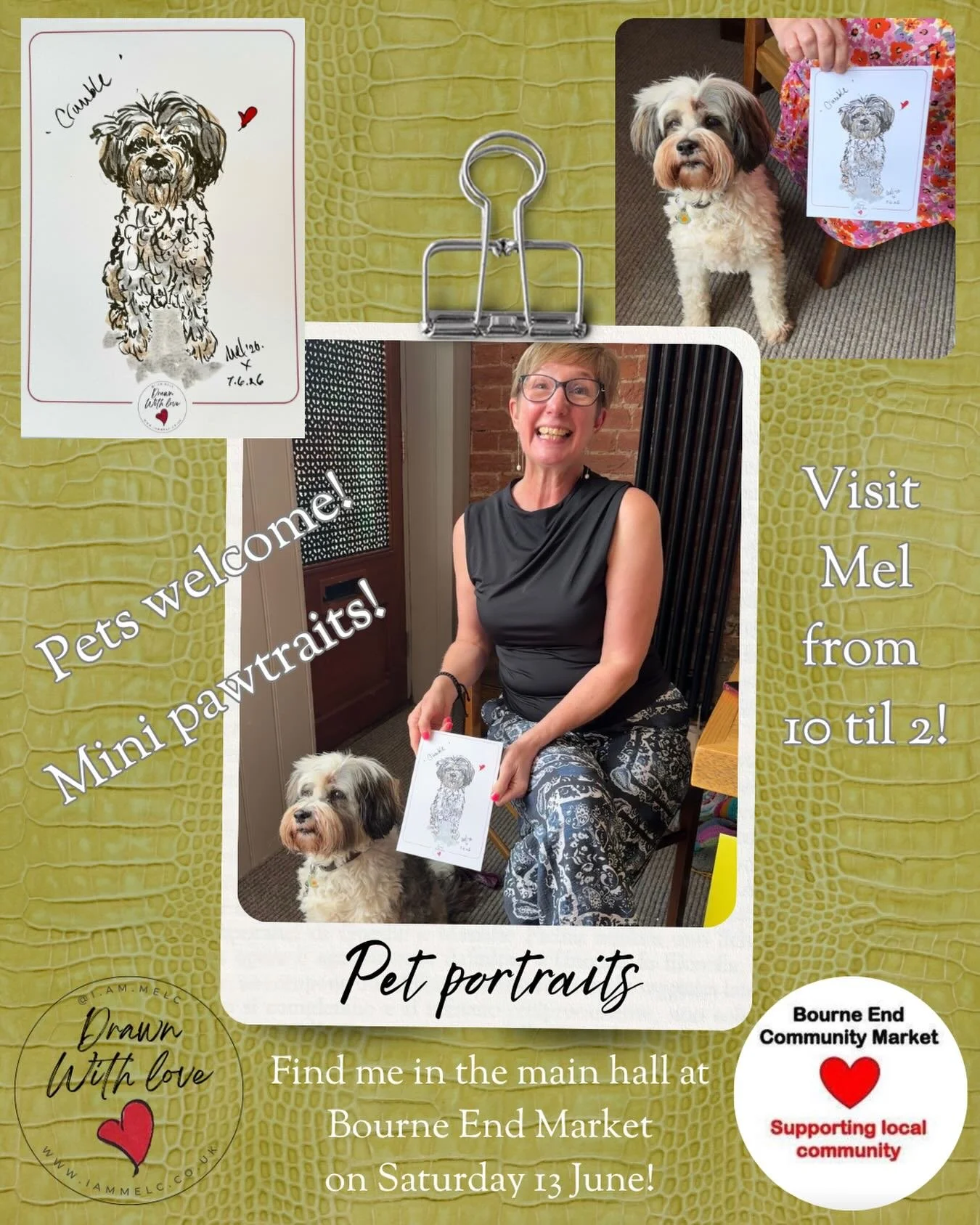 See you Saturday? @becmarket day is always so fun! Get there early to guarantee your mini pawtrait for just &pound;20!

Bourne End Community Centre, Wakeman Road, Bourne End, SL8 5SX

#watchmedraw #petportraiture #liveartdemo #bourneendmarket #petart