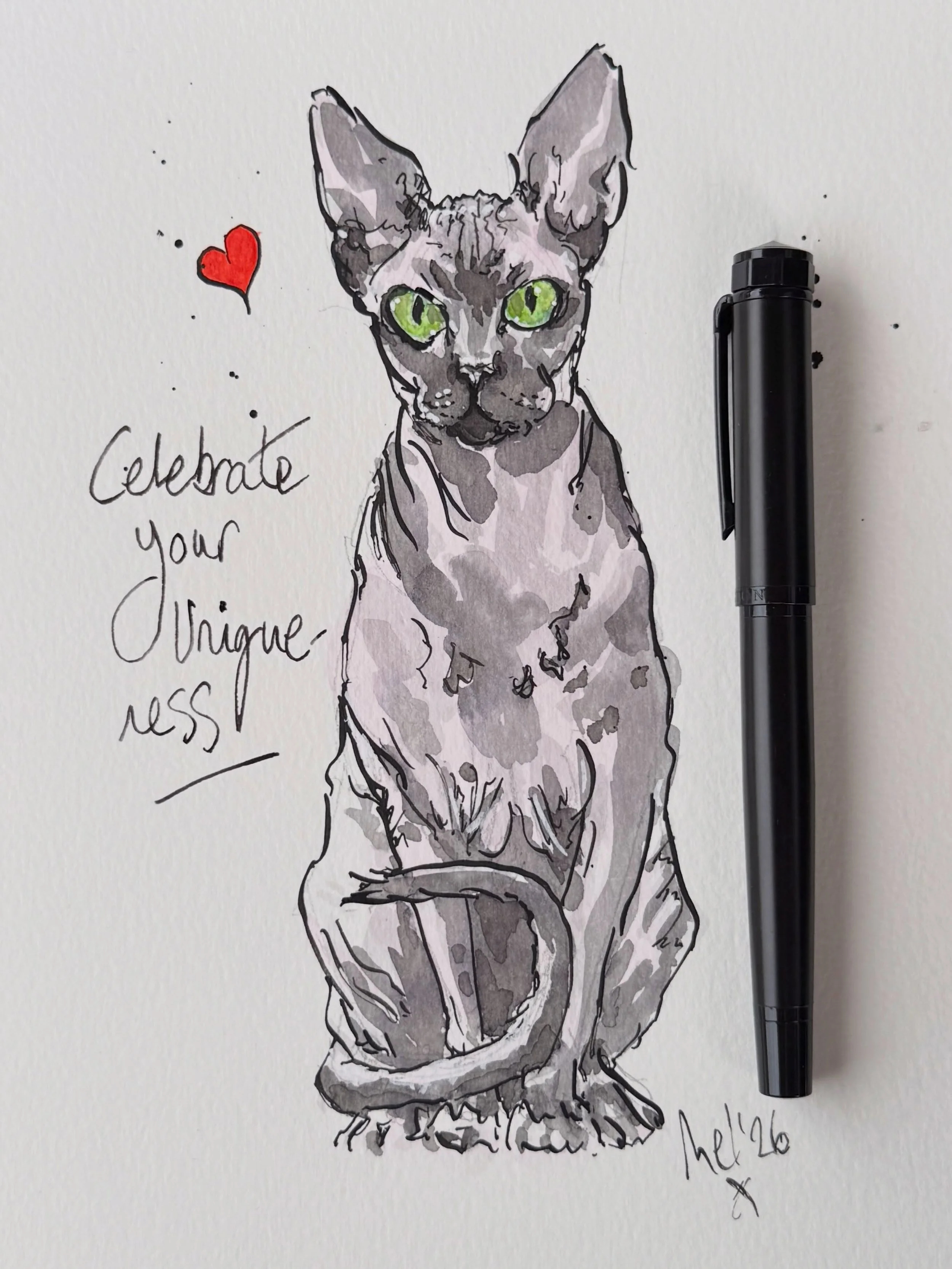 💖 celebrate your uniqueness 💖

Dipping pen with Tom&rsquo;s Studio No. 60 pigment black ink, with Jaques Herbin Noir ink wash and a touch of watercolour 🎨

I drew this under the main canopy with a deluge of rain around us 😅 on bank holiday Monday