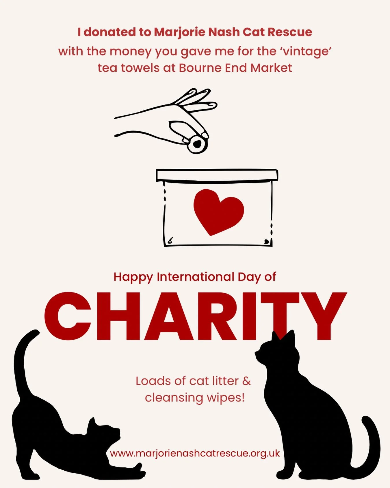Yes, 3 x jumbo cleansing wipes and 2 x 20kg bags of premium cat litter from this charity&rsquo;s Amazon wish list. Thank you to the Bourne End Market customers for your donations (and suggested cat rescue charity) and I hope you like your cotton tea 