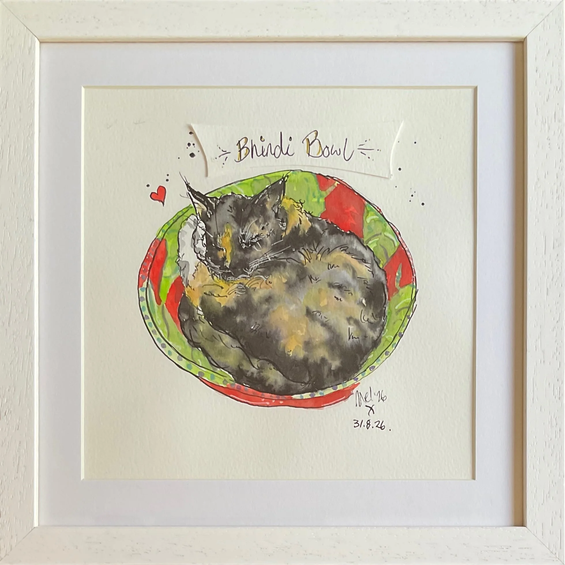 &hearts;️ Bhindi Bowl 💚 A deliciously cute bowl of tortie fluff 🖋️🐾😻

#catsandquotesartist #inkandwatercolour #inkillustration #pawtrait #gratitudepractice