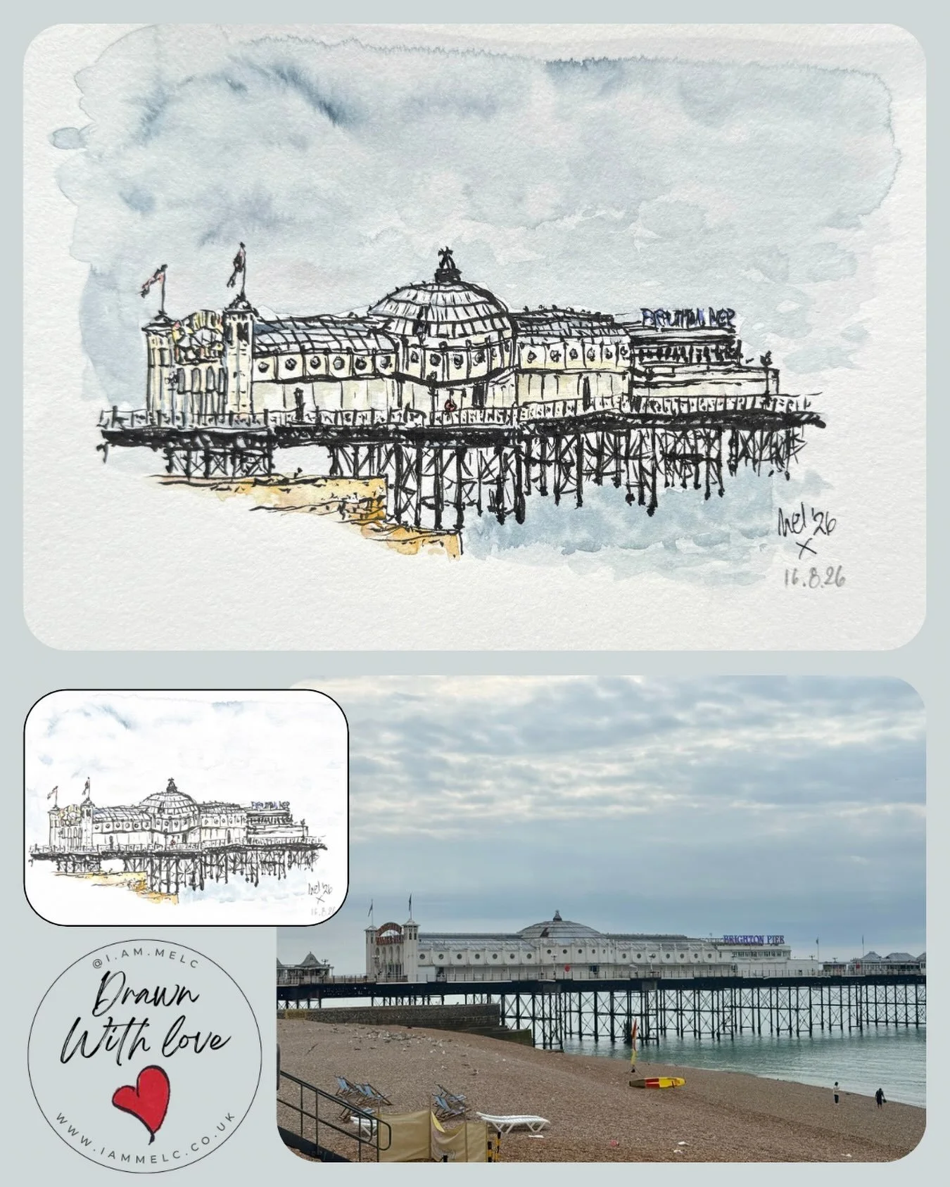 I finished my sketchbook illustration of Brighton Pier in ink and watercolour. What do you think? 

#inkillustration #sketchbookwatercolour #beachlandscapeart #brightonpierart #artistlife