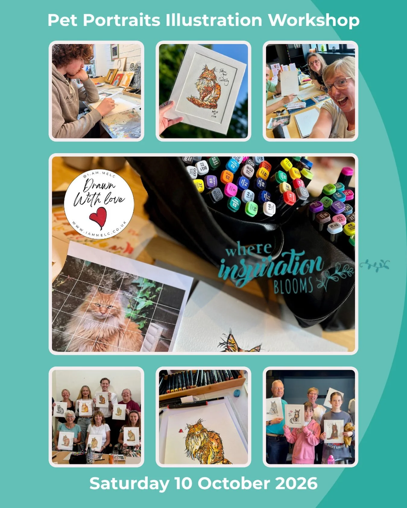 Can&rsquo;t wait to illustrate our furry friends with a full house at @where.inspiration.blooms on Saturday 🖋️🐾🩵 #petart #inkillustration #artclass #drawwithme #meettheartist