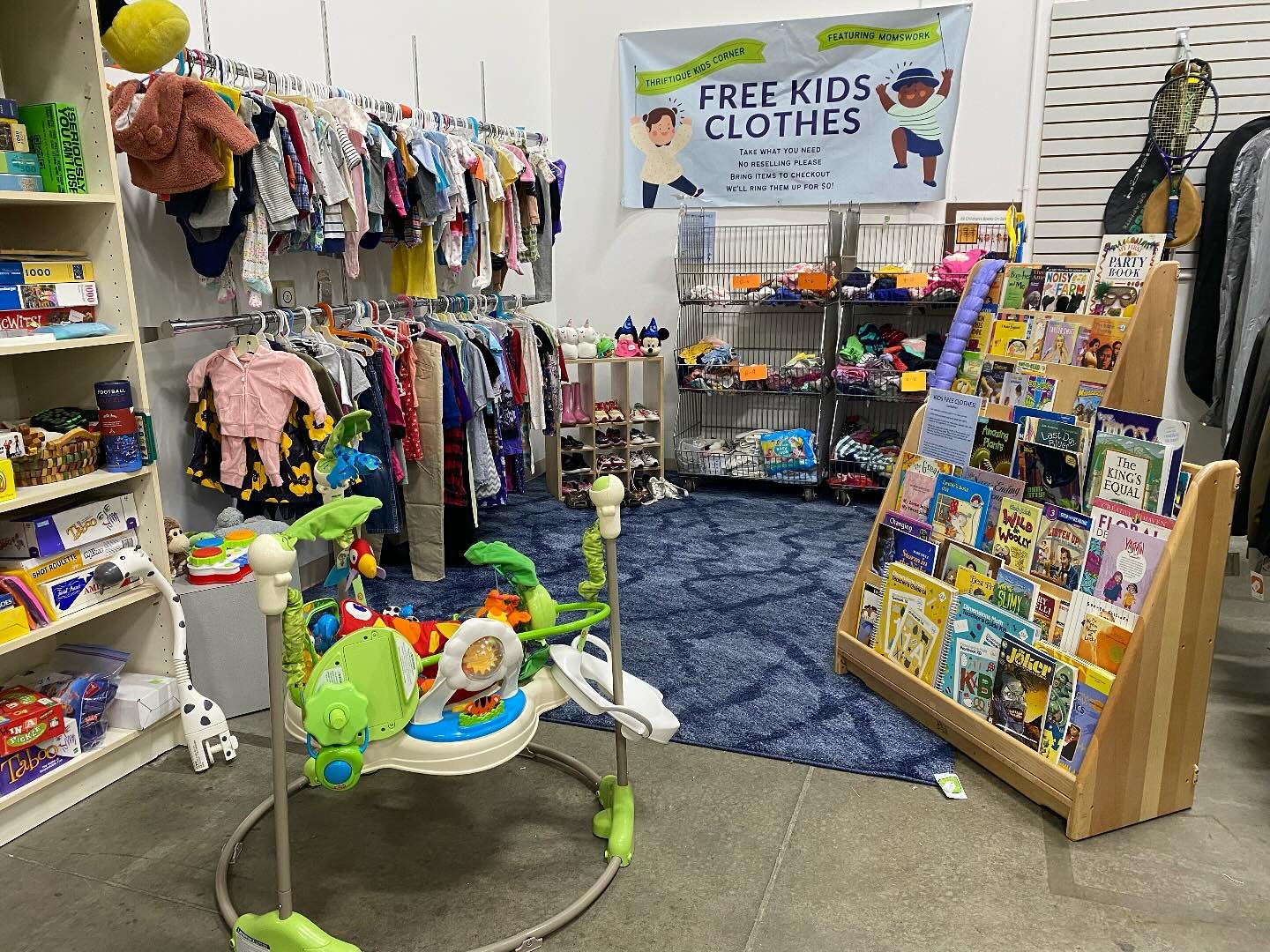 Thriftique always offers FREE children’s clothing at our store! This is one of the many ways we partner with our non profit NCJW to better serve women and families in the community! Our Kids Corner is open in store EVERY DAY and always COMPLETE