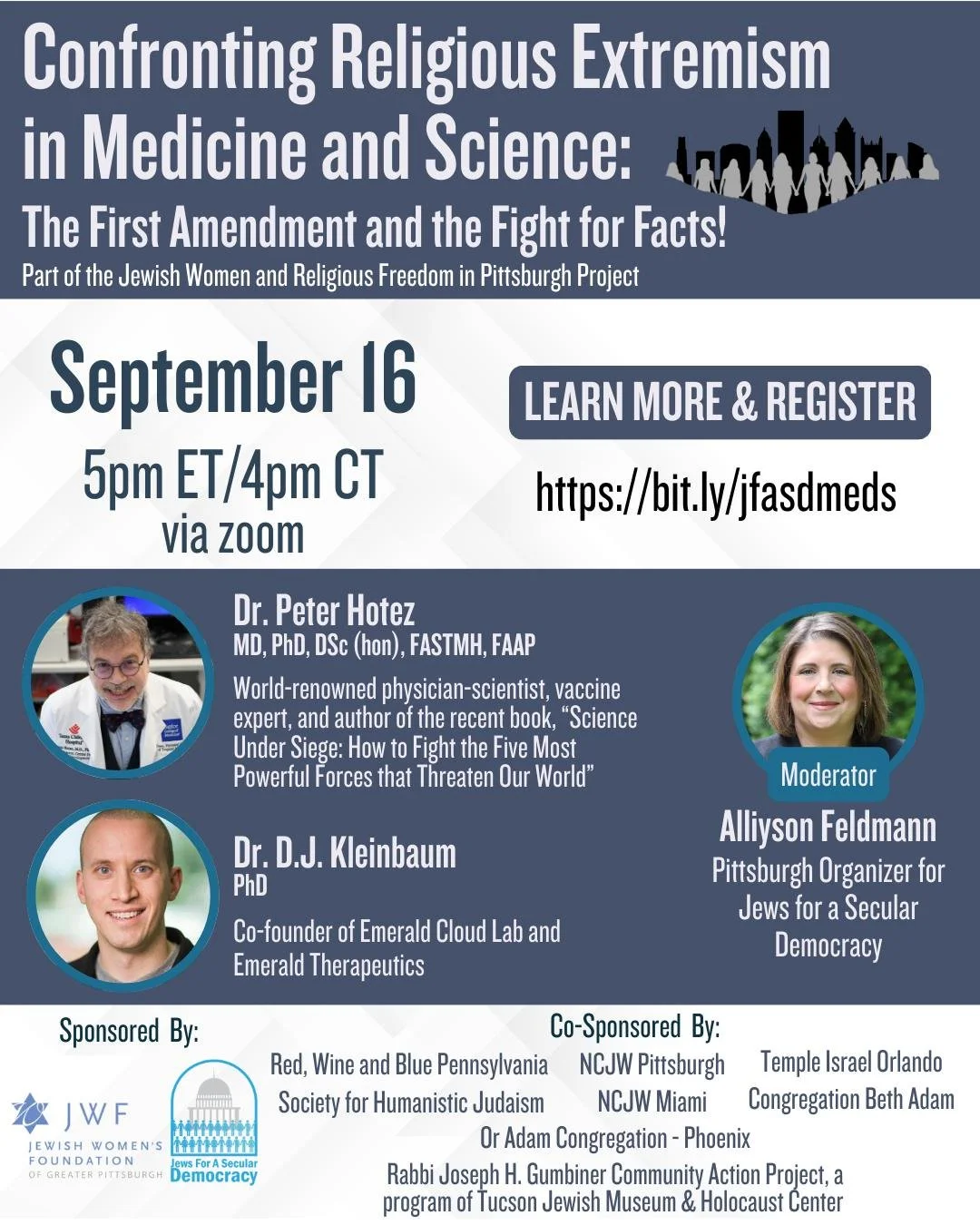 Religious extremism is fueling antiscience laws and public policy that endanger public health, restrict reproductive care, and attack the LGBTQ+ community.  Join leading experts Dr. Peter Hotez and Dr. D.J. Kleinbaum on Sept. 16 to explore how these 