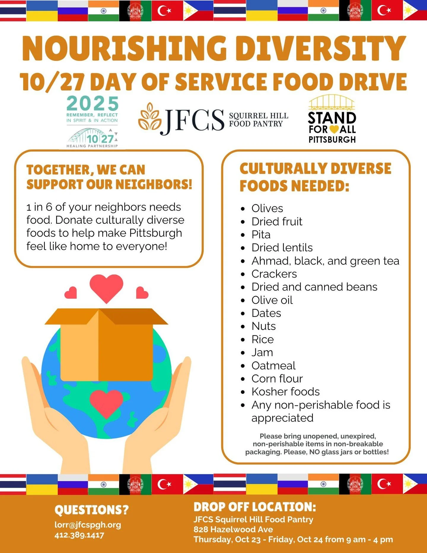 As we approach the seventh Commemoration of 10/27, JFCS is honoring the memory of this day by supporting our immigrant neighbors through a culturally diverse food drive.

We invite you to participate in this meaningful initiative. Your contributions 