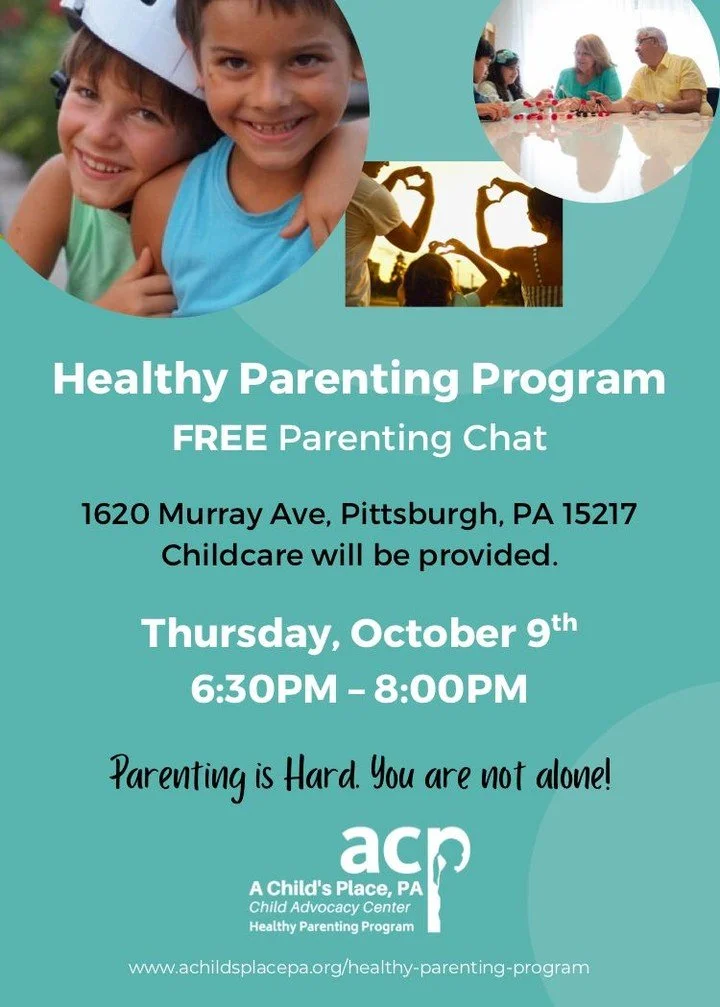 Join us for a Parent Chat! We've invited Parent Educator Megan Schriver from A Child's Place to facilitate a conversation on healthy parenting at our location in Squirrel Hill on Thursday, October 9th at 6:30pm. Come with your questions, concerns, an