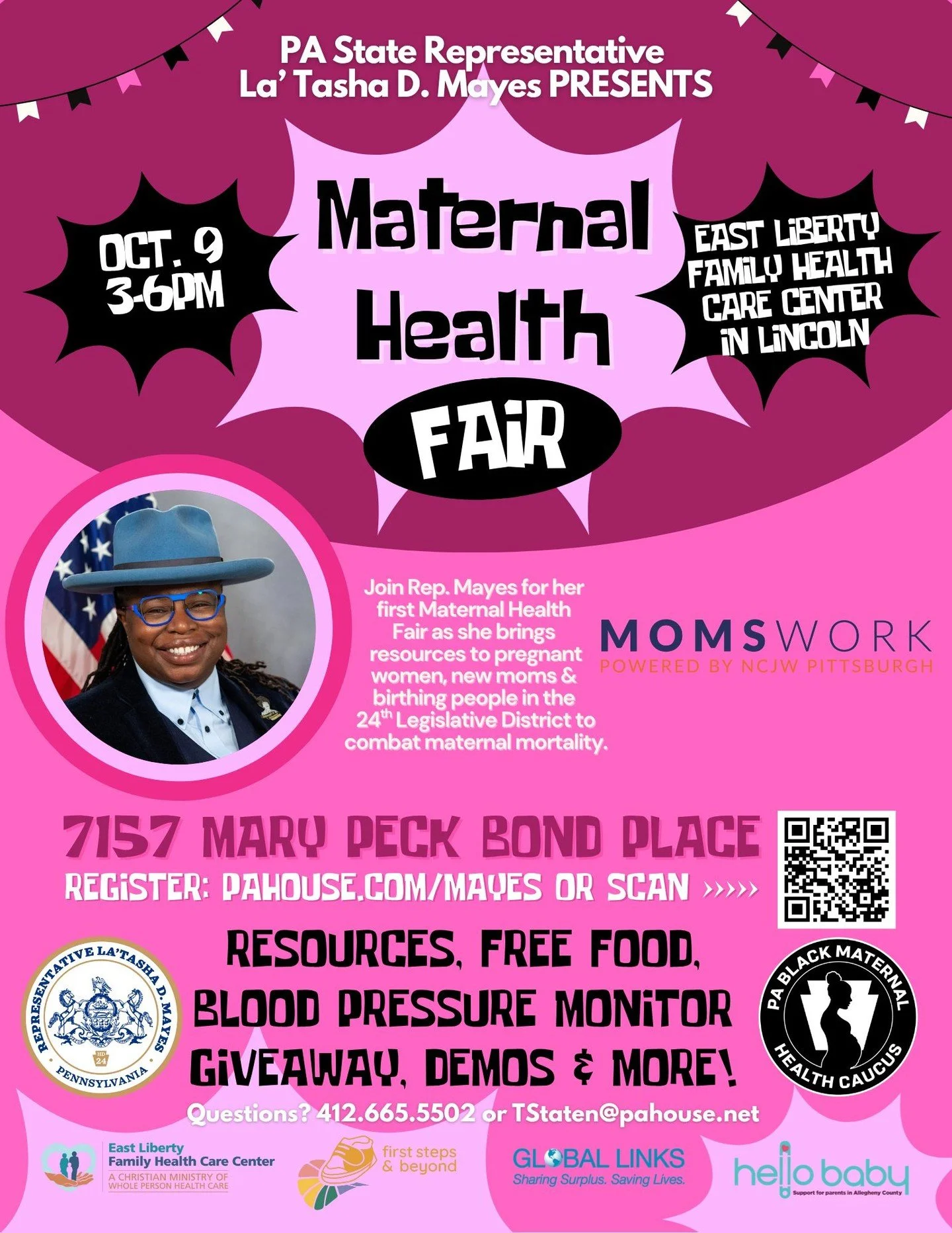 Join us on Thursday from 3pm-6pm on October 9th for the Maternal Health Fair presented by @repmayes at the East Liberty Family Health Care Center in Lincoln (7157 Mary Peck Bond Place). There will be resources, free food, blood pressure monitor givea