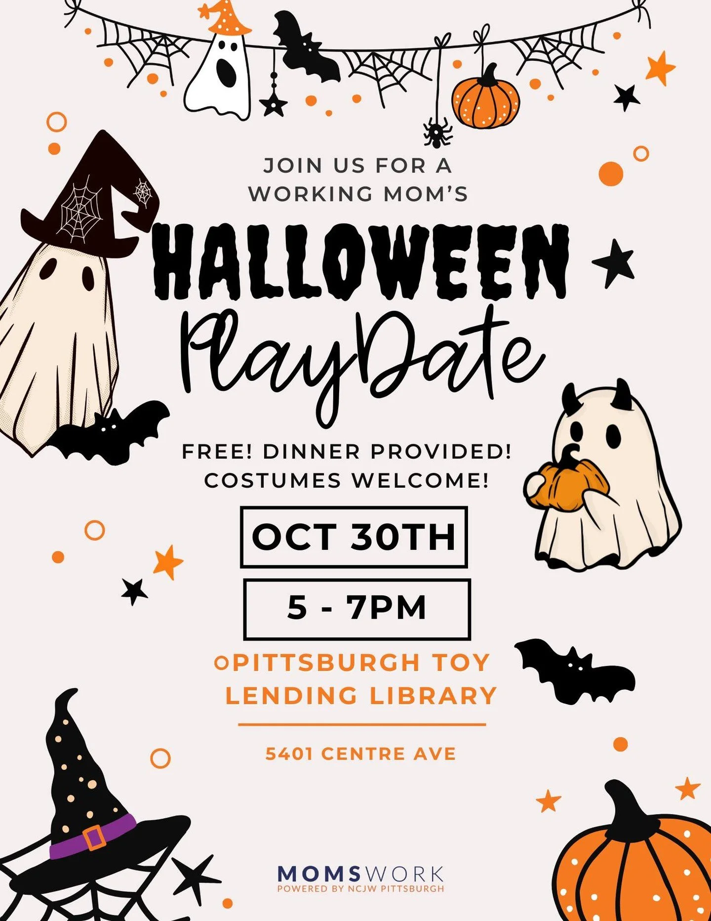 Join MomsWork, Powered by NCJW Pittsburgh for the 2nd annual Working Moms Halloween Party at @pghtoys! This event is FREE and open to working moms (or moms looking for work) and their children. Dinner will be provided and registration is required. Co