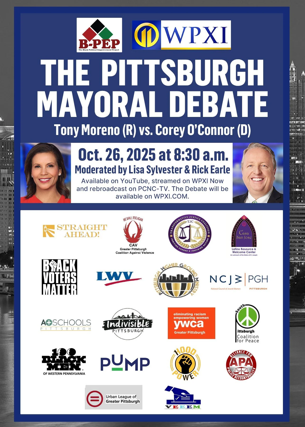 Pittsburgh Residents, Mark Your Calendar! The Pittsburgh Mayoral Debate is Sunday at 8:30am. You can stream it on YouTube, live on WPXI Now, and rebroadcast on PCNC-TV as well as on WPXI.com.