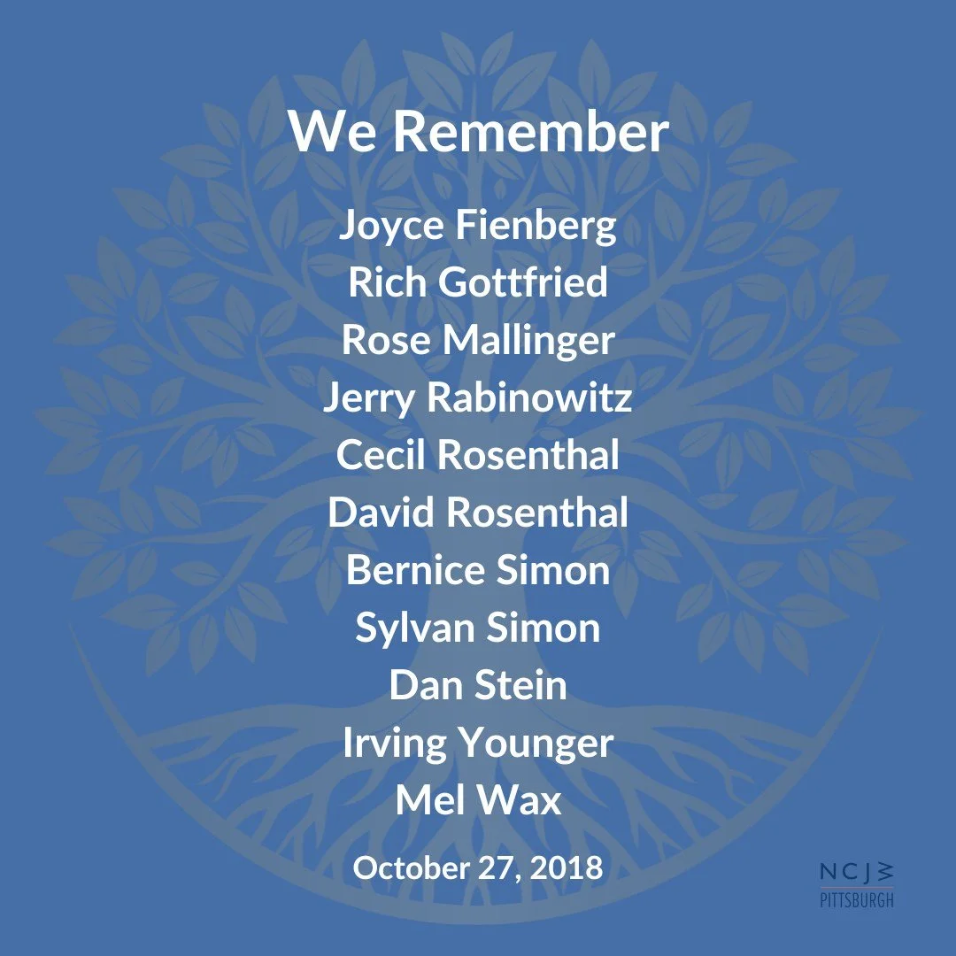 We Remember:
Joyce Fienberg
Rich Gottfried
Rose Mallinger
Jerry Rabinowitz
Cecil Rosenthal
David Rosenthal
Bernice Simon
Sylvan Simon
Dan Stein
Irving Younger
Mel Wax

May their memories be for a blessing.