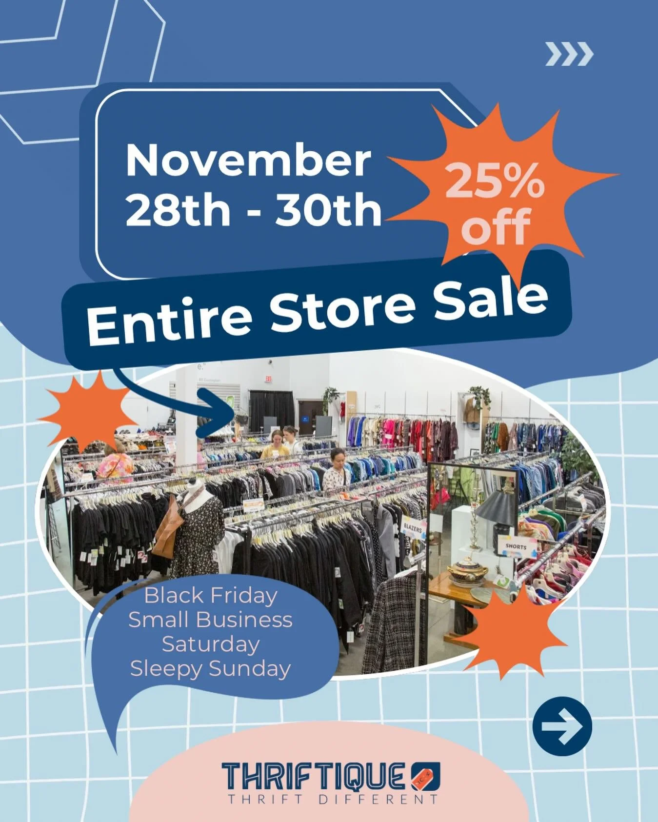 Black Friday, Small Business Saturday, &amp; what we are calling Sleep Sunday the entire store is 25% off!

The beautiful thing about shopping at Thriftique this weekend is you are shopping small, shopping local, getting a deal, and EVERY DOLLAR you 