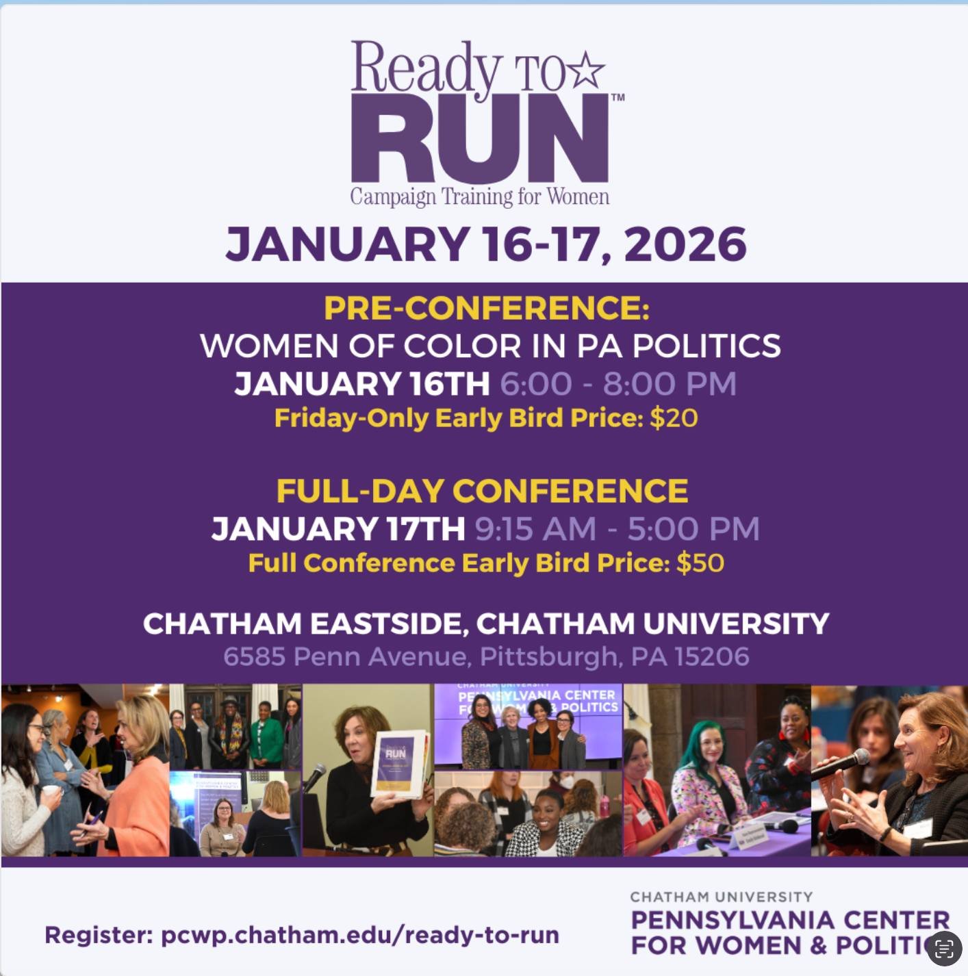 On January 16th and 17th, The Pennsylvania Center for Women and Politics (PCWP) will hold their Ready to Run Pittsburgh Campaign Training for Women. (All are welcome!)
Schedule of Events:

Friday, January 16: Women of Color in Pennsylvania Politics P