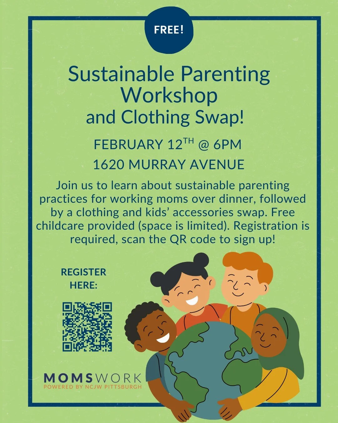 NOW RESCHEDULED FOR FEBRUARY 12TH!

Join us on February 12th at 6pm in Squirrel Hill to learn about sustainable parenting practices for working moms over community dinner, followed by a clothing and kids&rsquo; accessories swap. Free childcare provid