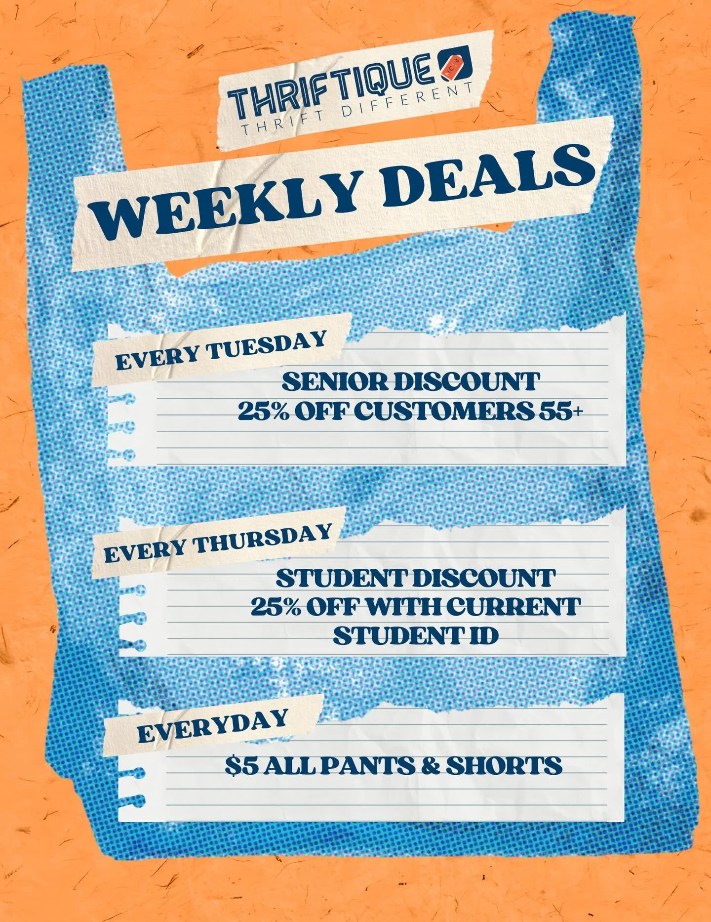 Did you know we offer weekly deals for seniors and students?!? And of course ALL pants &amp; shorts are $5 everyday!

This isn&rsquo;t a thrift store, it&rsquo;s a living archive. A place where past lives meet future fits. Where sustainability isn&rs