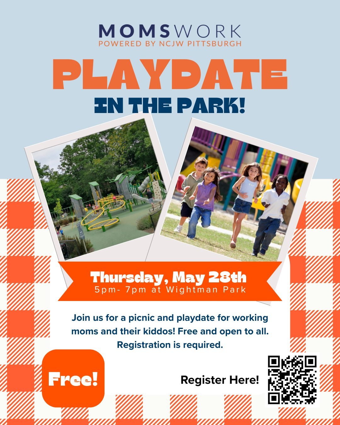 Join us for a Working Moms playdate and picnic at Wightman Park on Thursday, May 28th from 5-7pm. This open house style event is free and a picnic style dinner will be provided. This is a great opportunity for working moms to meet while their kiddos 