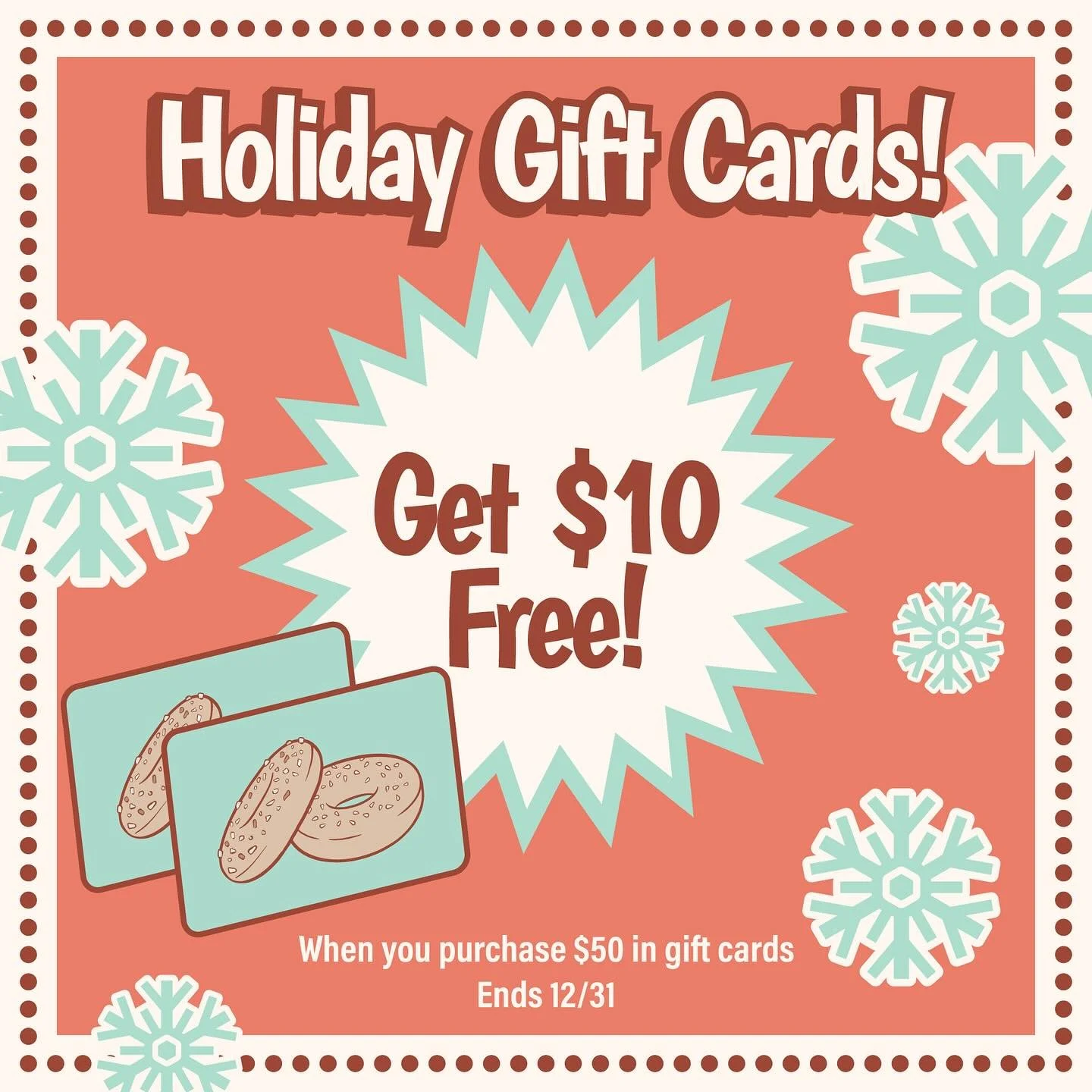 Our annual holiday gift card special is BACK! 💥 Starting tomorrow you can buy $50 worth of gift cards and get $10 FREE! 🕎🎄Bagel lovers&hellip;that&rsquo;s 20% off!! We&rsquo;ve sweetened the deal this year and bundled these up with a mug and some 