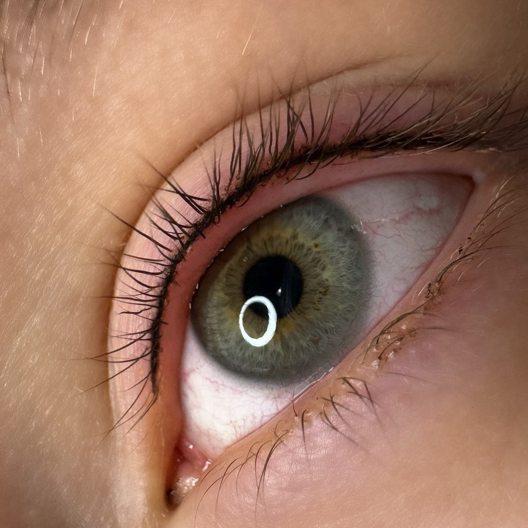 Un œil humain proche avec une iris vert-gris, pupille ronde noire, et cils longs, avec réflexion de lumière visible.
