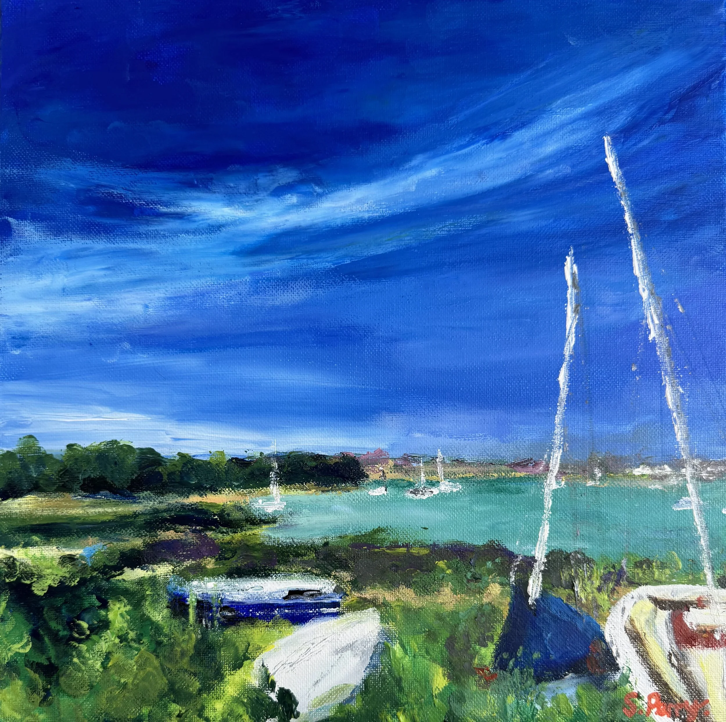 View From Mudeford Beach Huts 30x30cm acrylic on canvas
