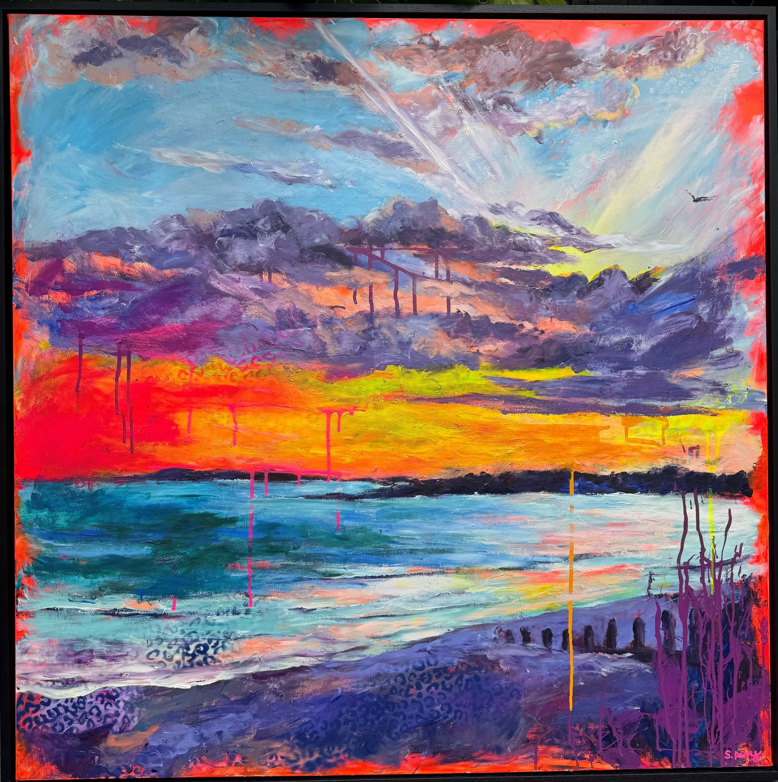 West Wittering Sunset 100x100cm acrylic, ink & spray paint on canvas