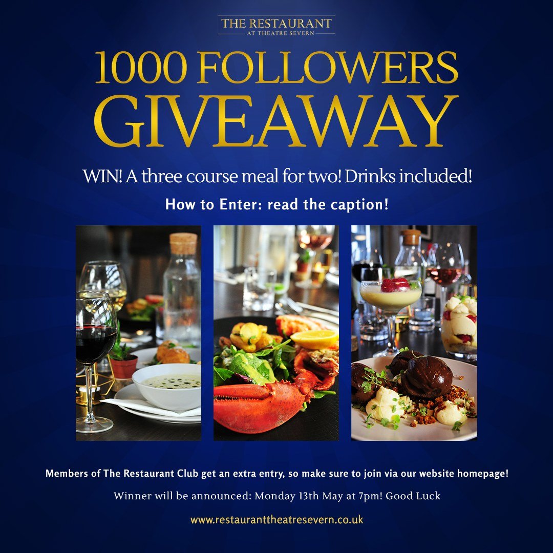 🎉🍽️ GIVEAWAY ALERT! 🍾🌟 We're celebrating reaching 1000 followers on Facebook with a special giveaway at The Restaurant at Theatre Severn! 🥳 One lucky winner will receive a full meal on the house, including drinks, on a day of their choosing! 🎁✨