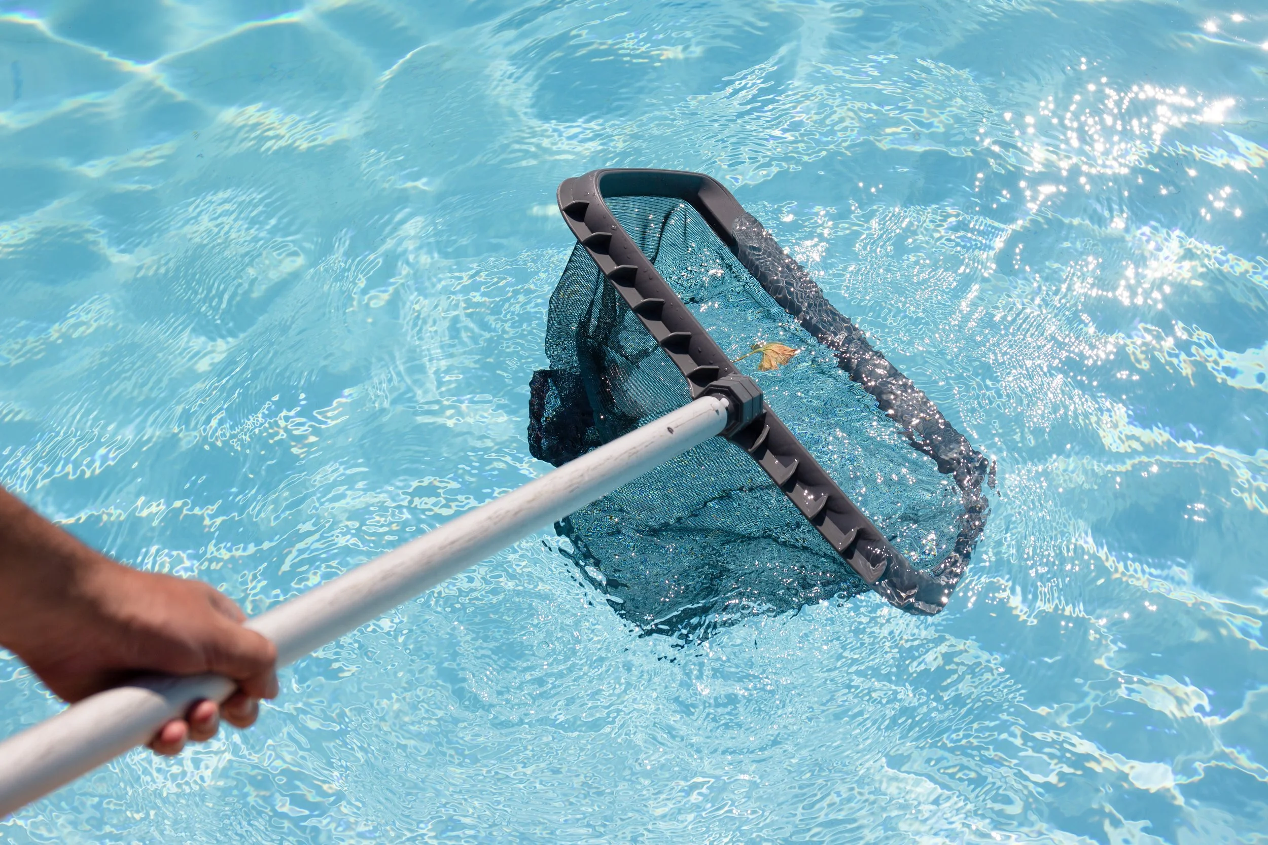 A swimming pool with clear blue water and sunlight reflections. A person is holding a pool skimmer net, which is submerged in the water, removing a leaf from the pool.