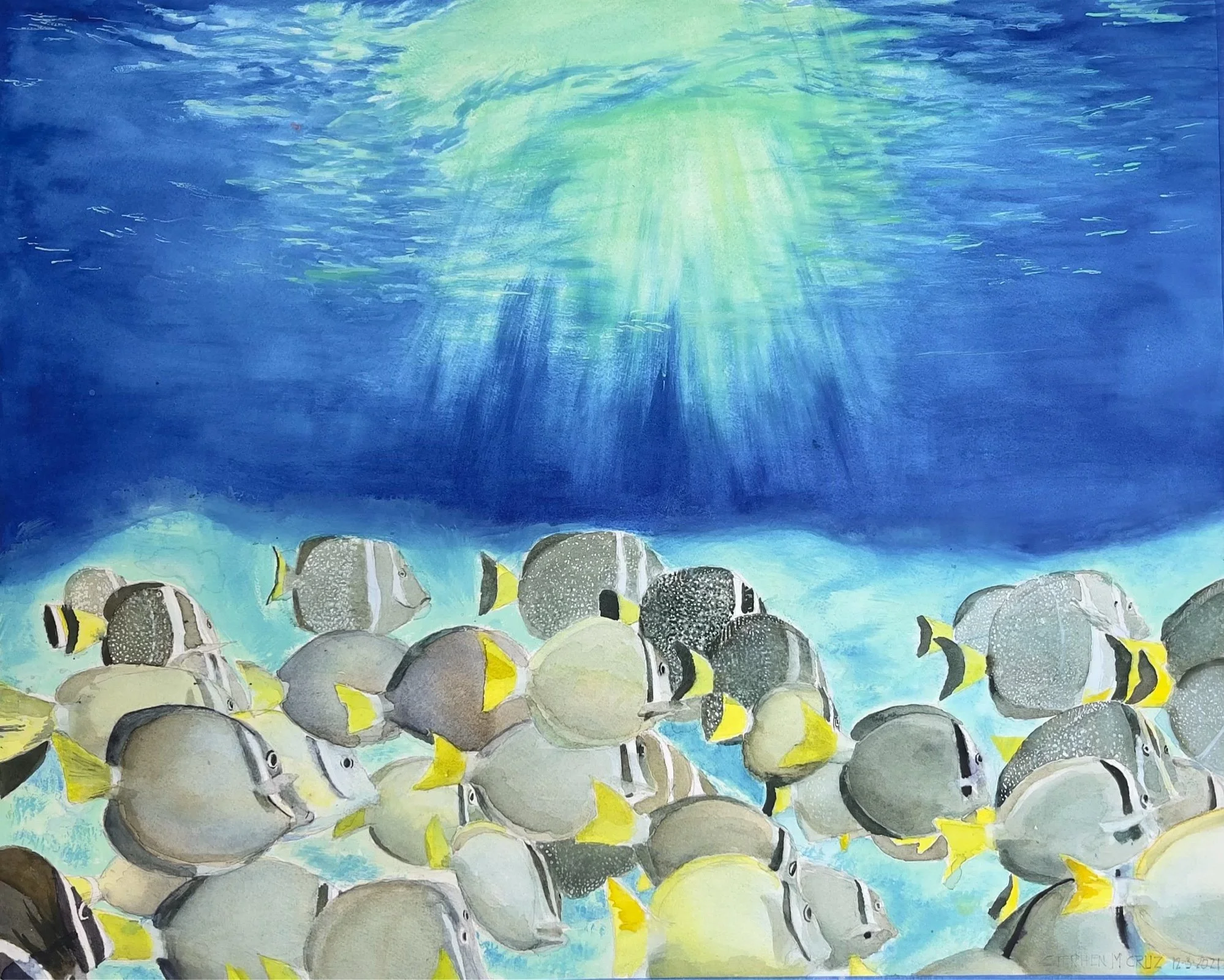 “Morning on the Reef” is the centerpiece of a five-part collection I created after spending three weeks immersed—literally—in the coral reefs of Kauaʻi. Each morning, I’d slip into the water with my snorkel and iPhone, chasing light and movement, lis