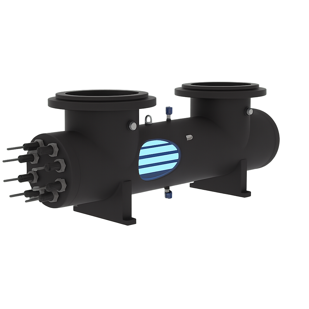 En svart maskin med rør og pips, omgitt av lilla lysstråler og en svart bakgrunn.