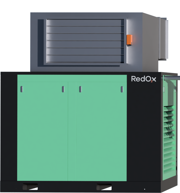 Industrial dehumidifier labeled 'Redox' with a black and green body and a gray vented top.
