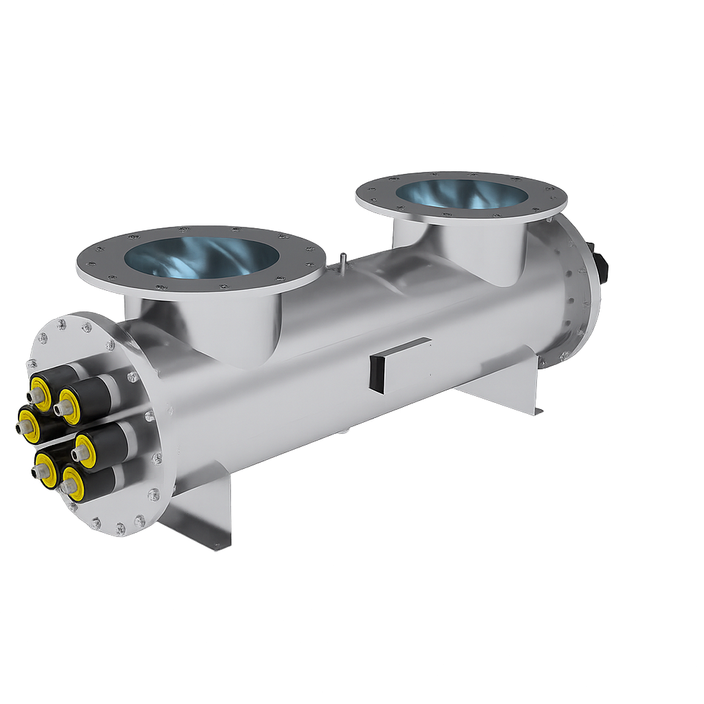 Et industrielt varmeveksler med to store innløp for væske og flere utløp med gule tetningsringer, satt opp mot en mørk bakgrunn med fargede lyspunkter.