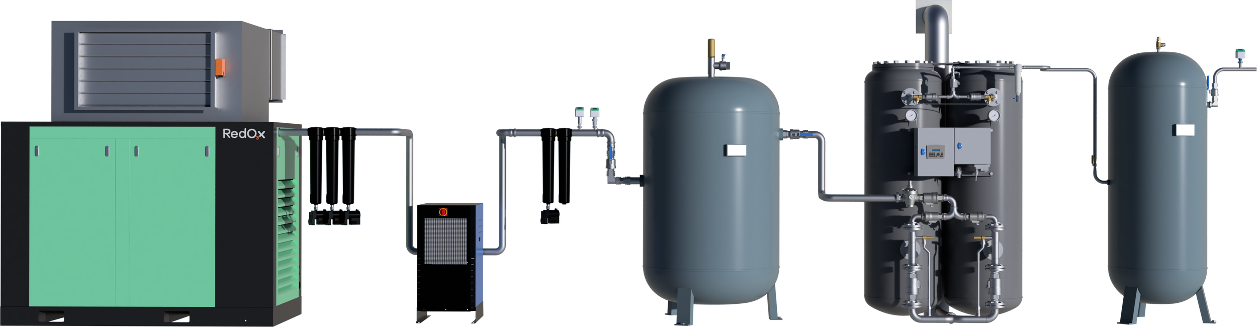 Industrial air or gas compression and filtration system with several large cylindrical tanks, pipes, and control units.