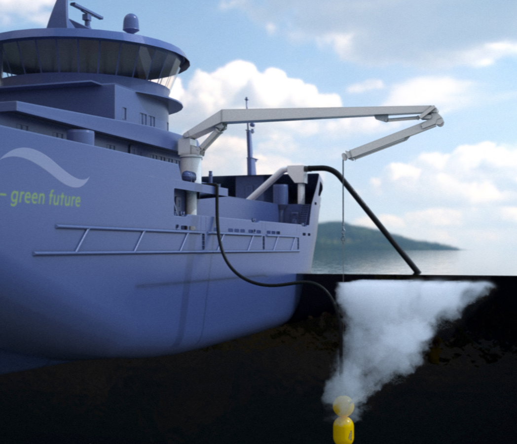 A large ship with a crane and a chain releasing a yellow buoy that emits steam or smoke into the water. The ship has a blue hull and the words 'green future' written on the side.