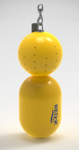 A yellow ball with small holes and a blue logo, suspended above a yellow base, with metal hardware at the top for hanging.