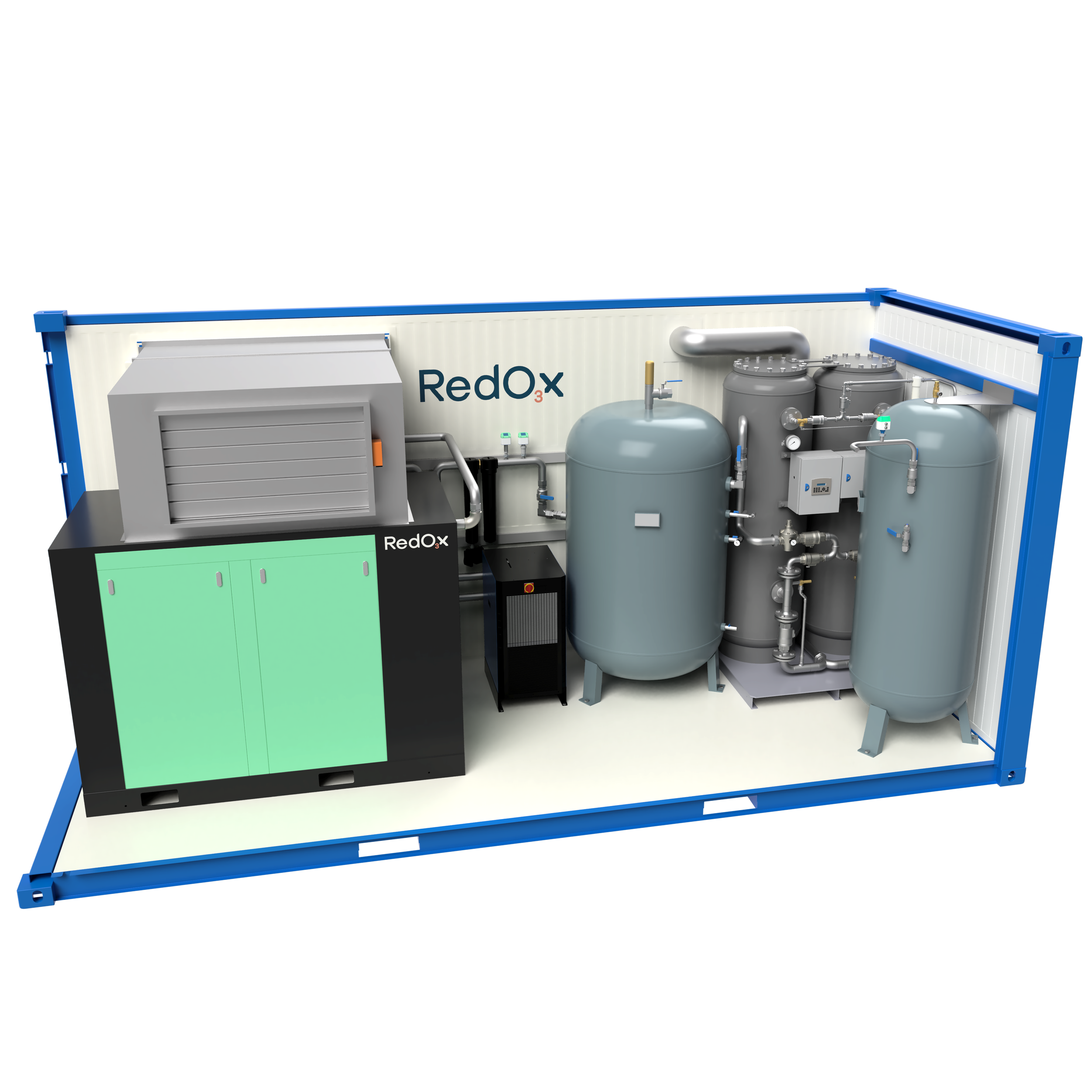 Industrial machinery inside a shipping container labeled RedOx, including tanks, pipes, control panels, and a cooling unit, used for chemical processing or storage.