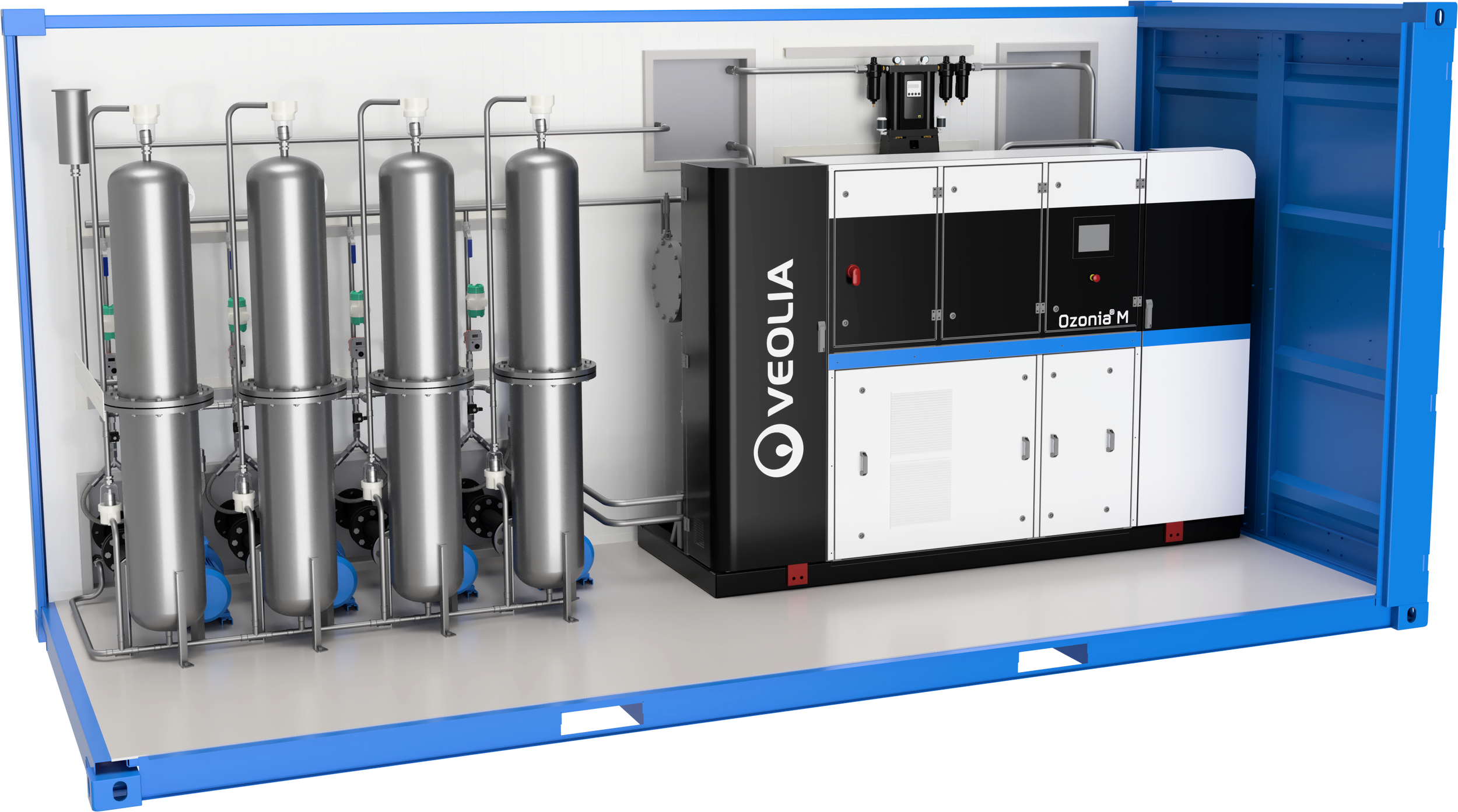 Industrial oxygen generator system with four large silver cylinders connected to piping, and a black and white machine labeled 'Veolia Ozonia M' inside a blue shipping container.