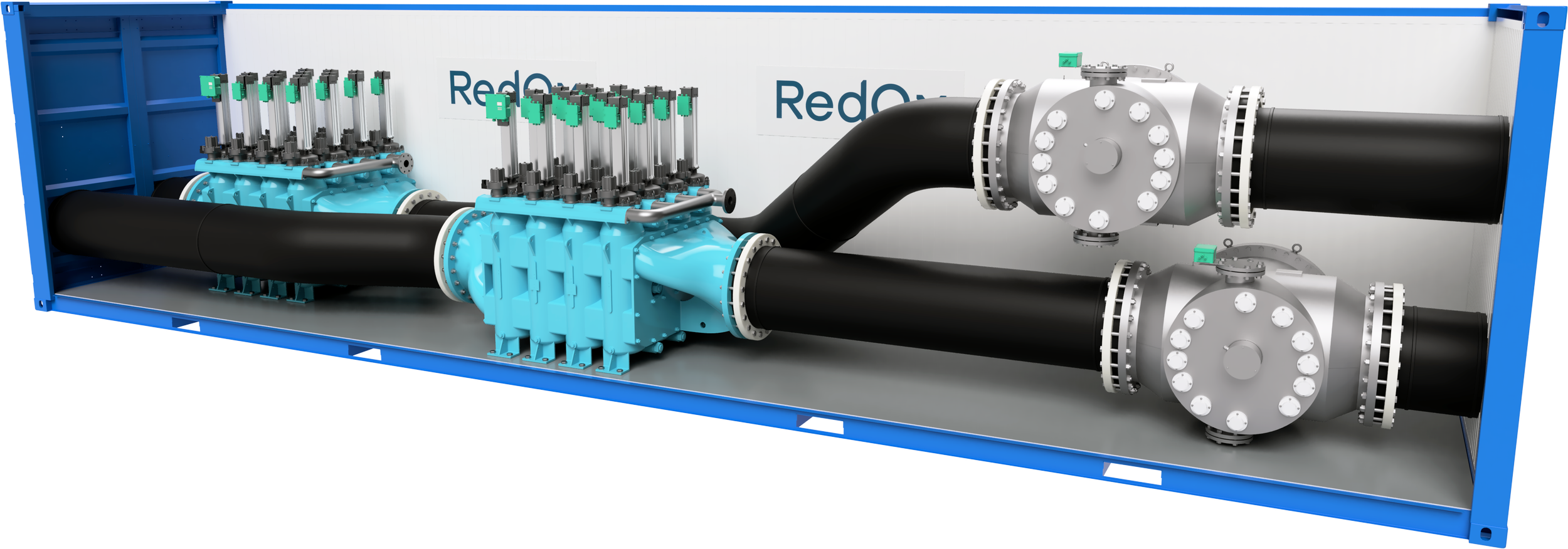 A large industrial pump system mounted inside a blue container with black pipes, silver valves, and green control components, used for fluid transfer or cooling applications.