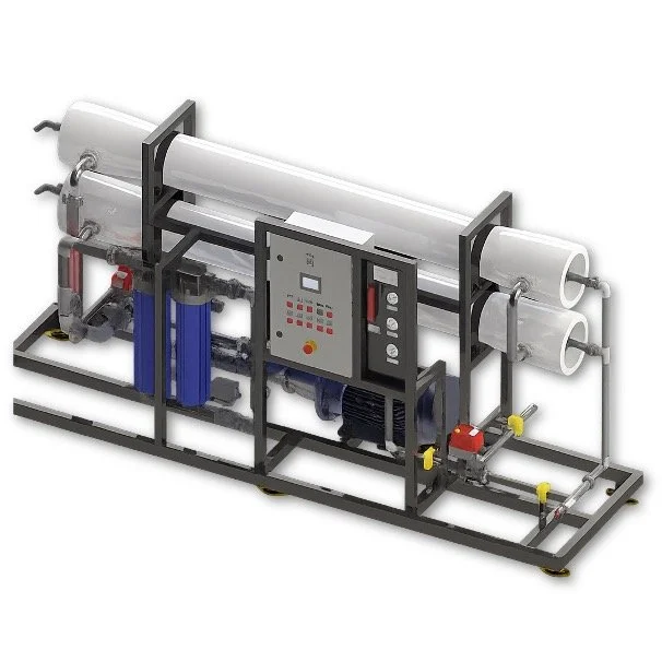 A water filtration or reverse osmosis system with various pipes, filters, and control panel mounted on a metal frame.
