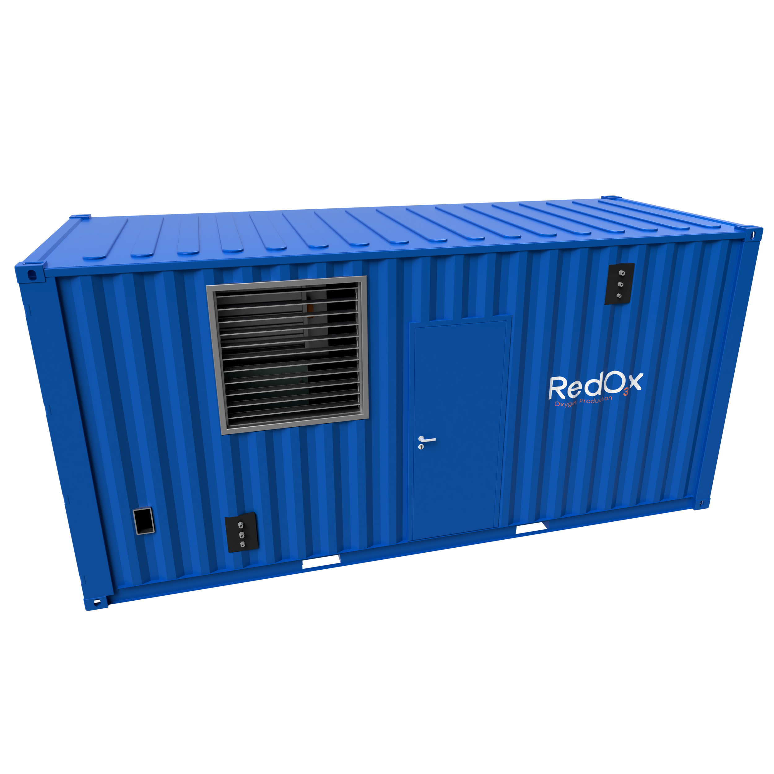 Blue industrial container with vent and door, labeled 'RedOx' for oxygen production.