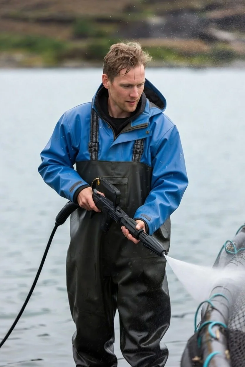 Mann i vannfiskeutstyr vasker utstyr i vannet på en innsjø eller elv.