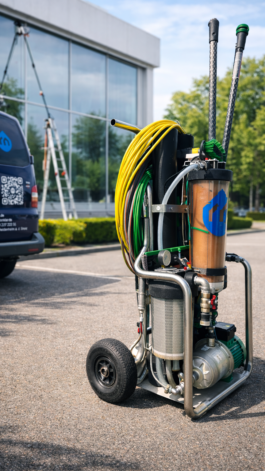 Mobiles Hochdruckreinigungsgerät mit Schläuchen und Düsen in einer Parklücke vor einem modernen Gebäude