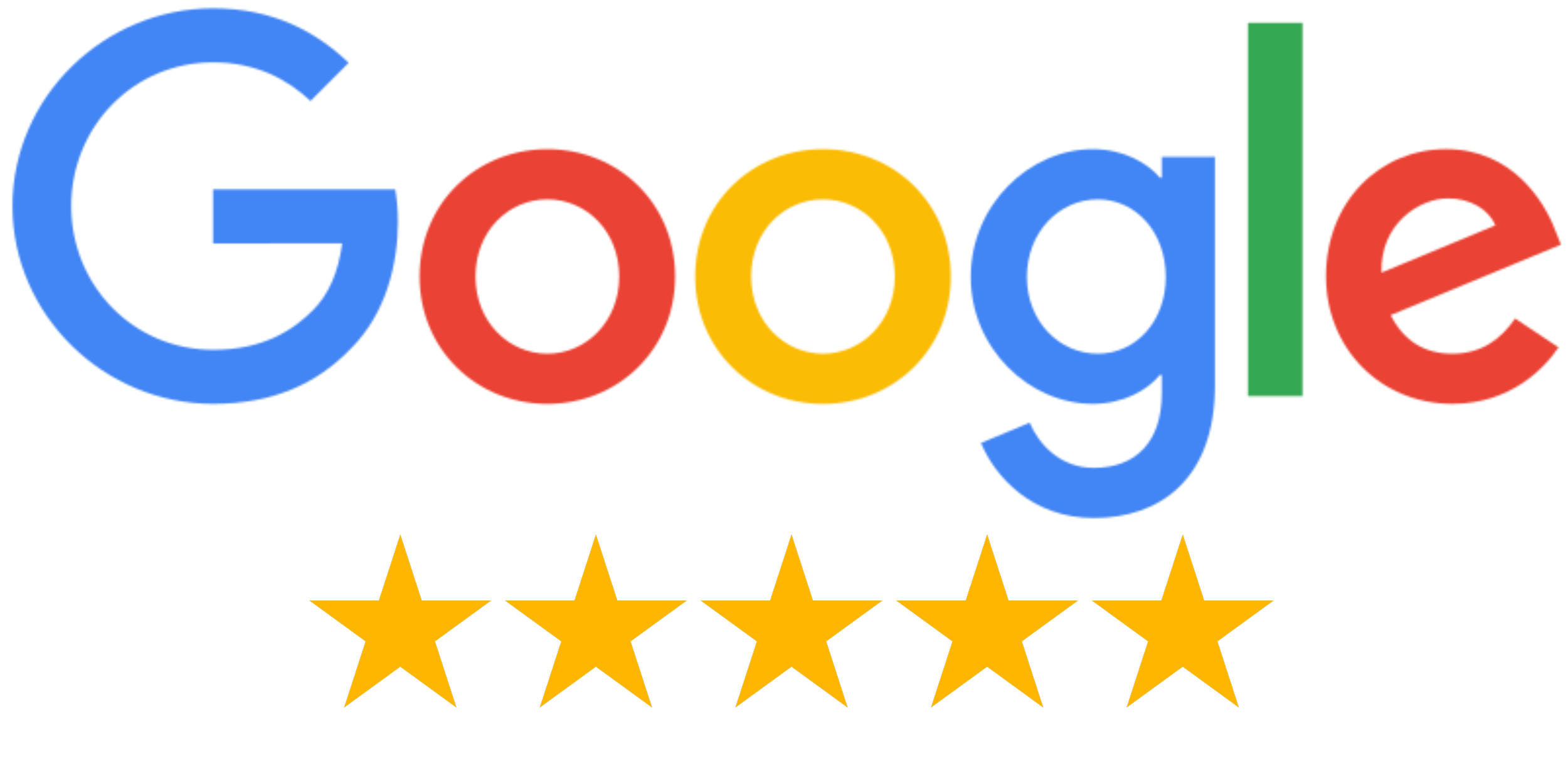 Google Logo mit fünf Goldsternen darunter, symbolisiert hohe Bewertung.