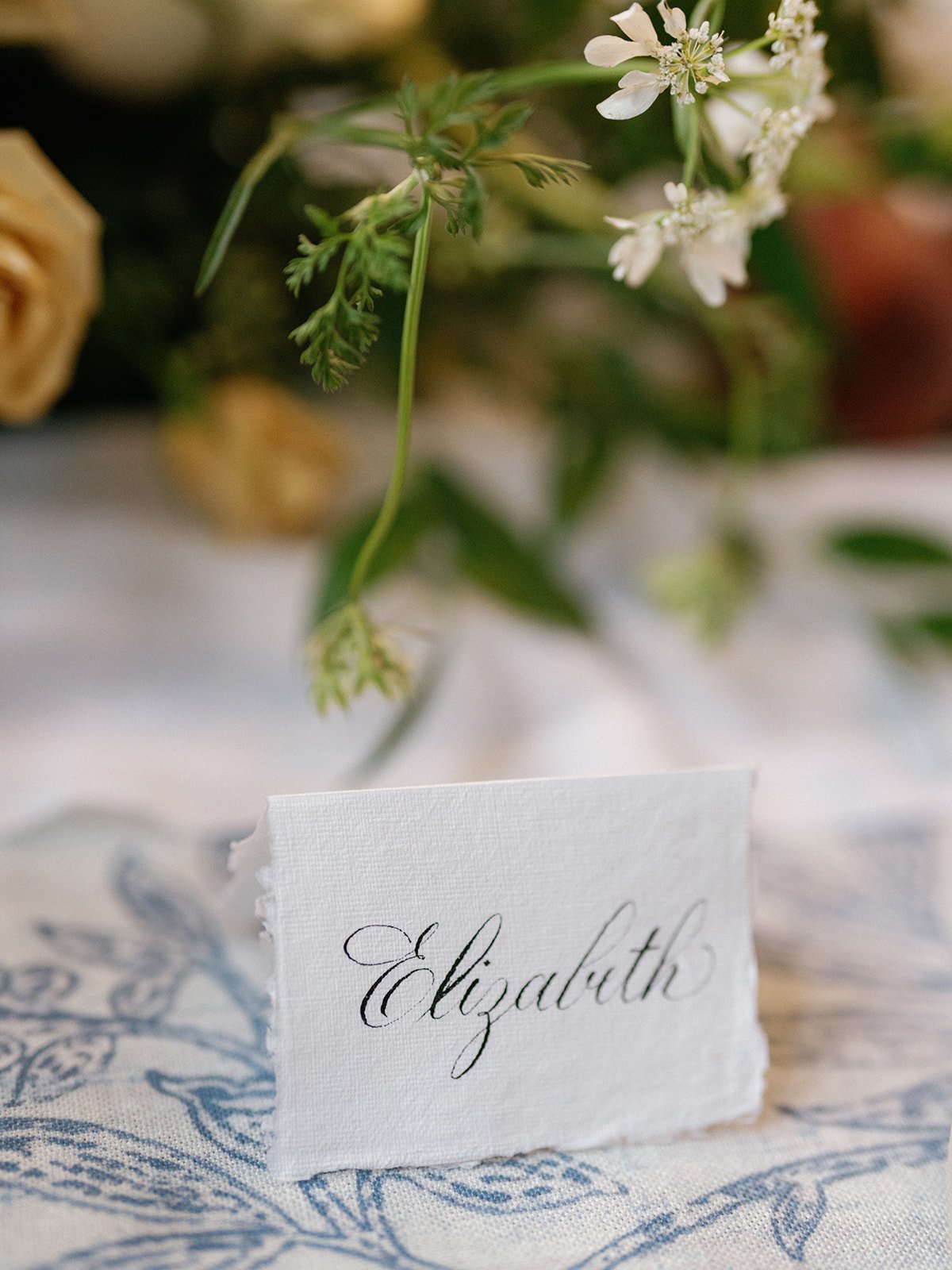 A small piece of torn white paper with the name 'Elizabeth' written in elegant cursive, placed on a fabric surface with a blue pattern. In the background, there are blurred green leaves and white flowers.