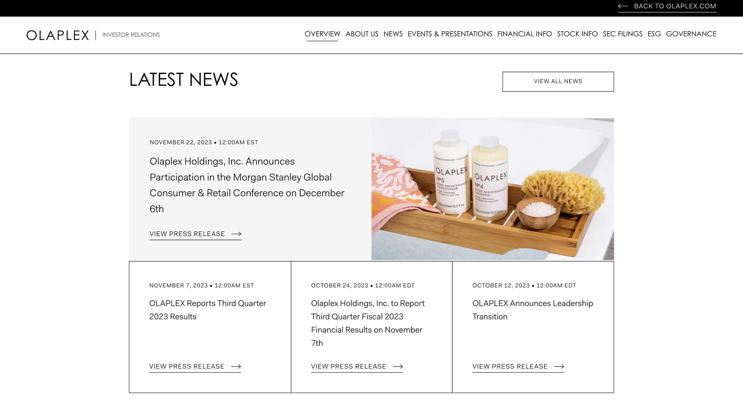 Olaplex Investor Relations Latest News Section