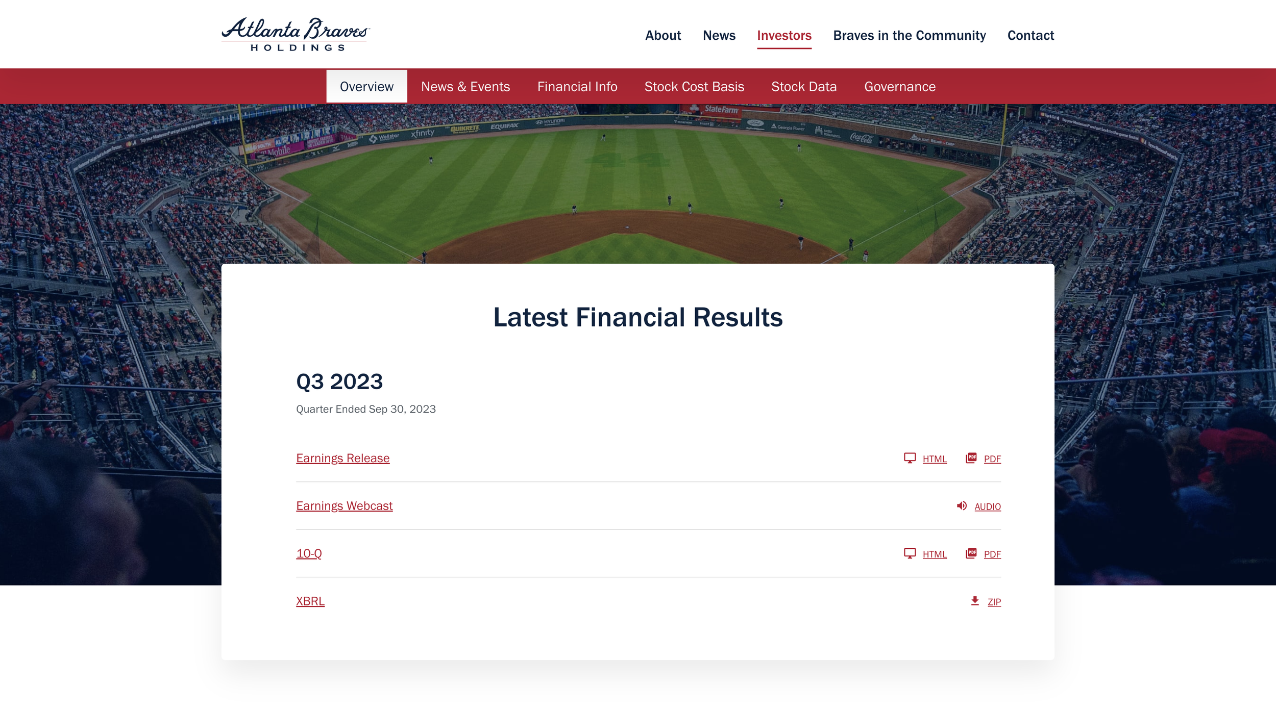 Atlanta Braves Quarterly Financial Results Section