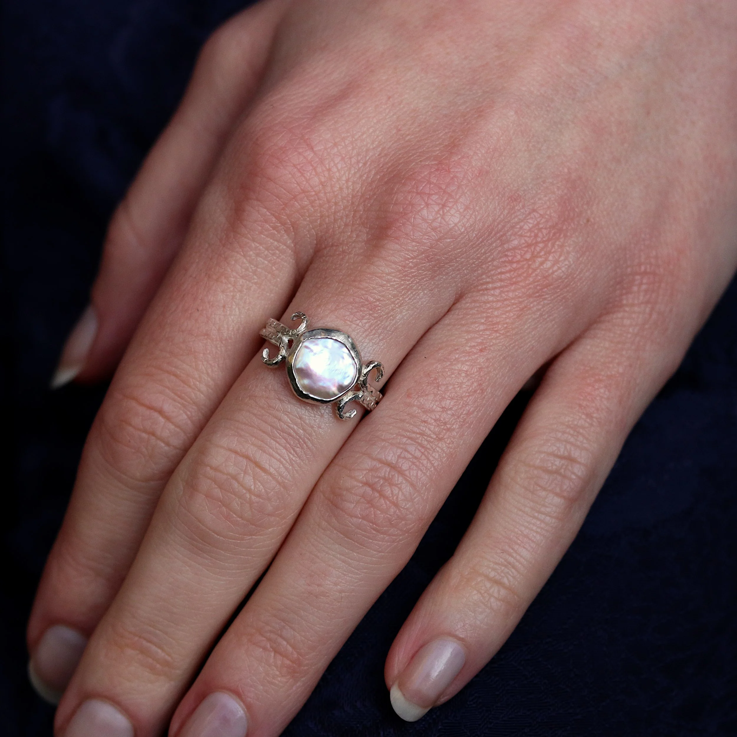 Irregular button pearl coiled silver ring.jpg