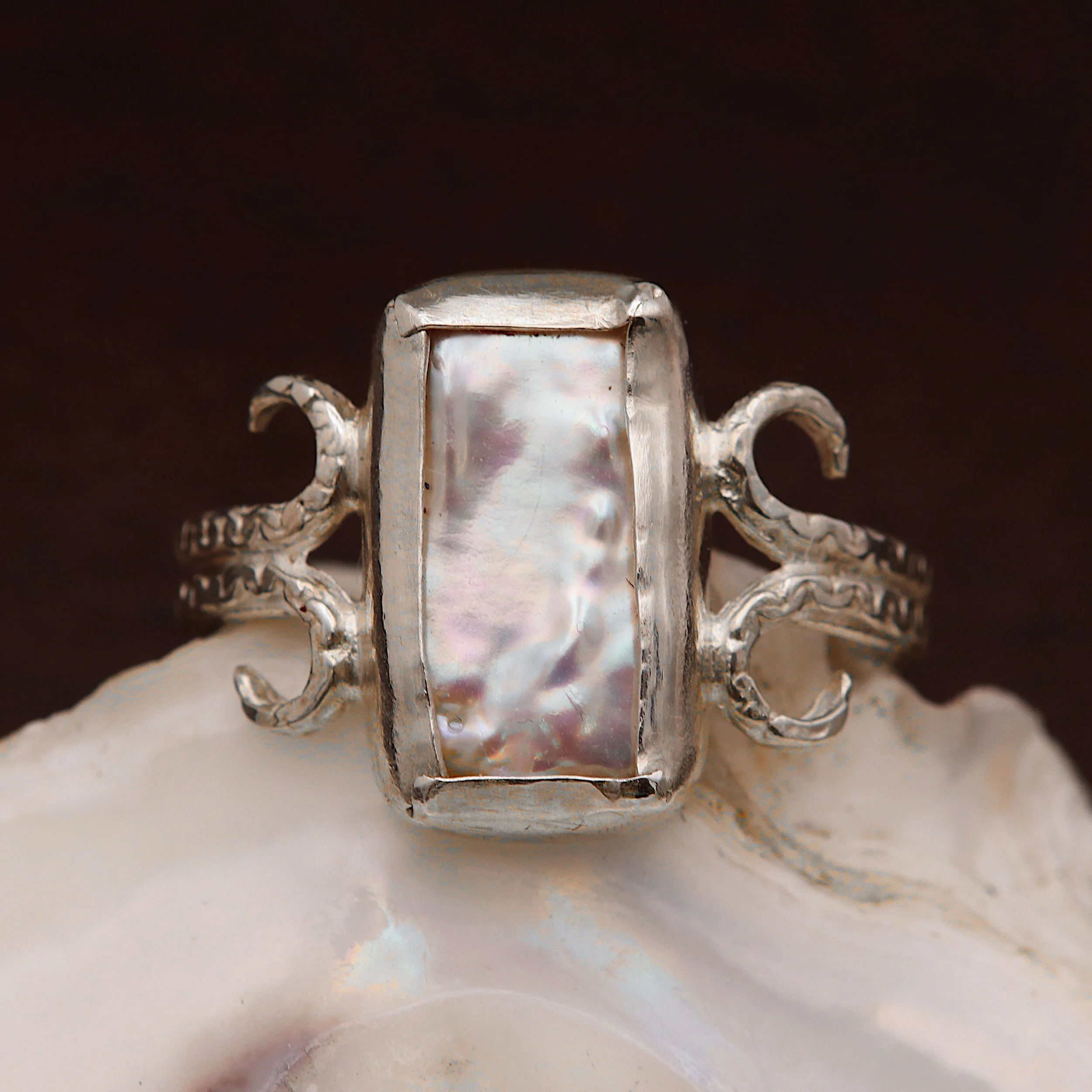 Rectangular Pearl Silver Coiled Ring