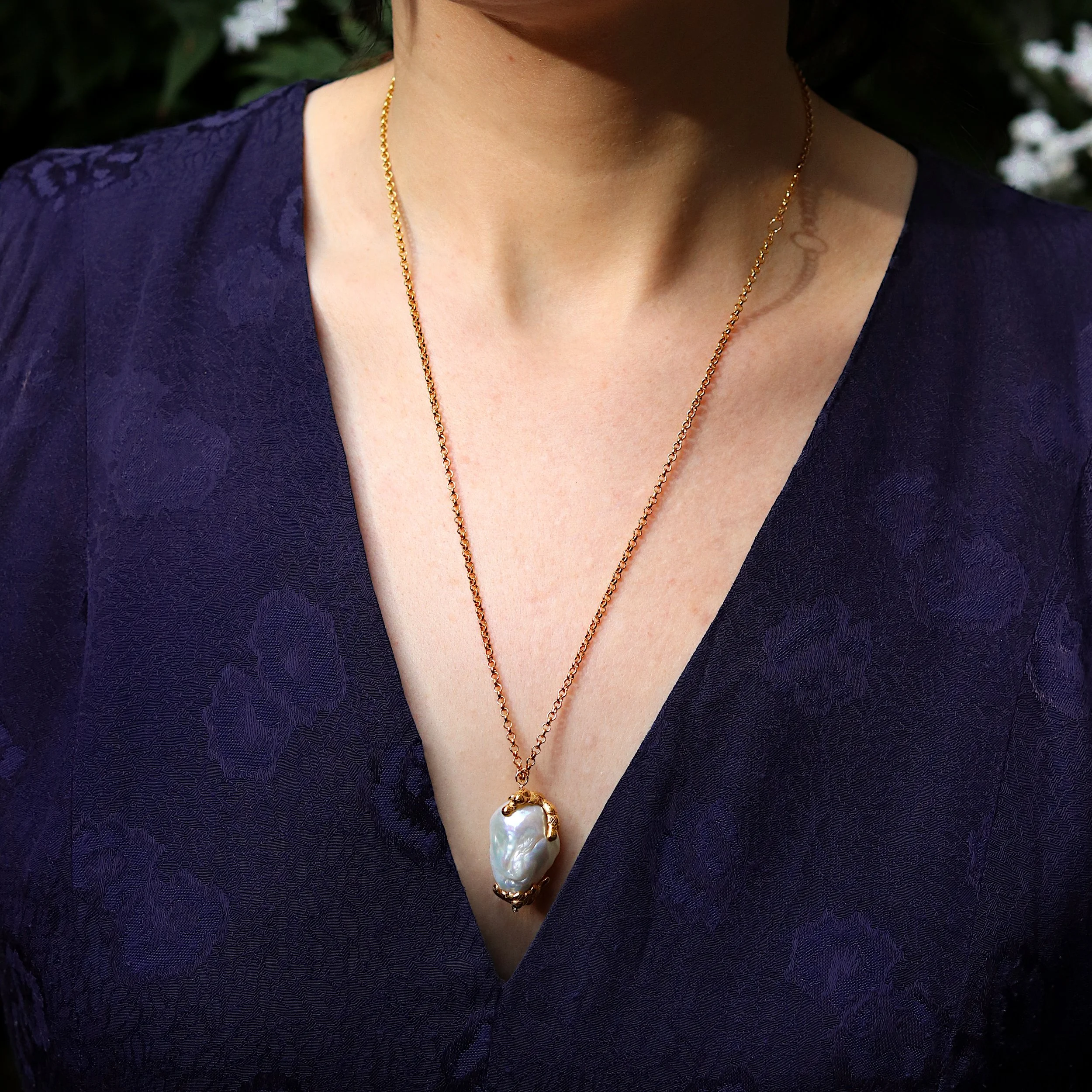 Large Molten Golden Pearl Necklace model long.jpg