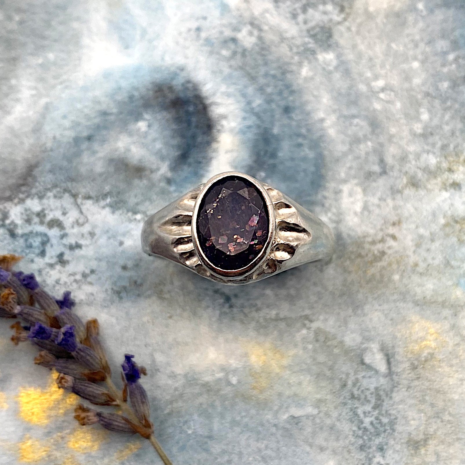 Iolite Sunstone Star Burst Signet Ring front crop.jpg