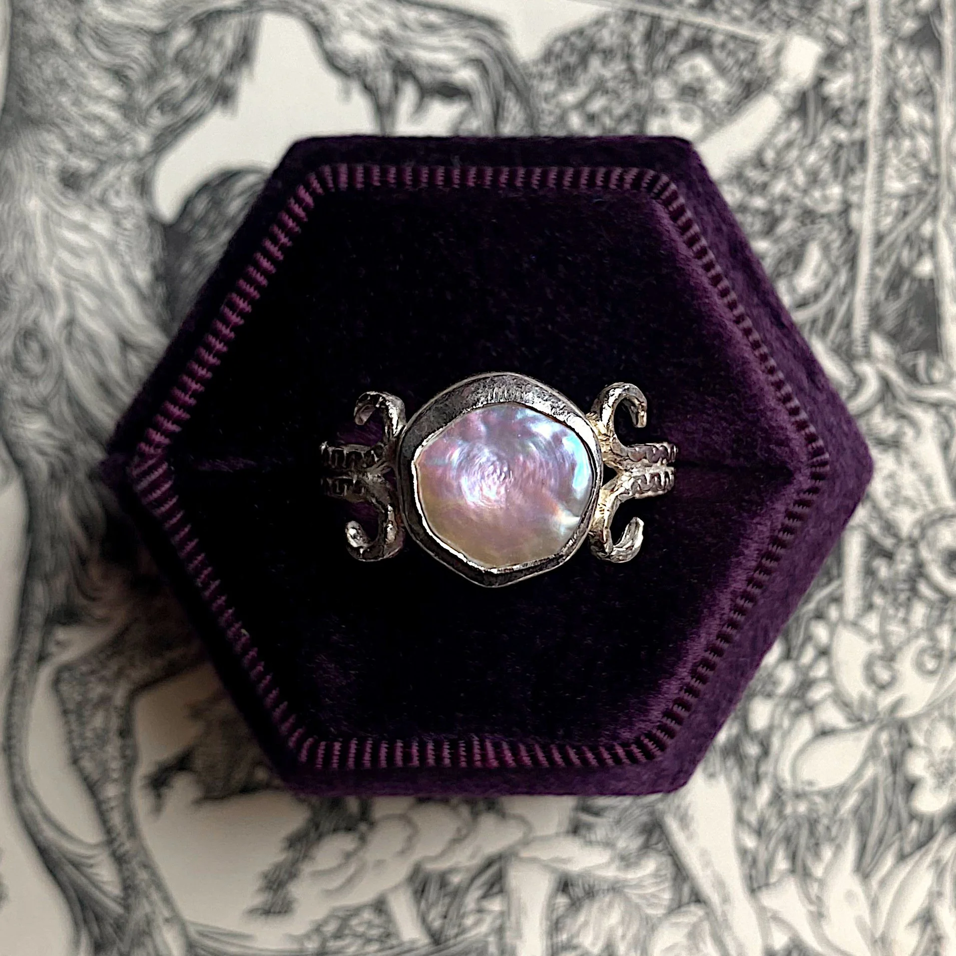 Irregular Button Pearl Silver Coiled Ring