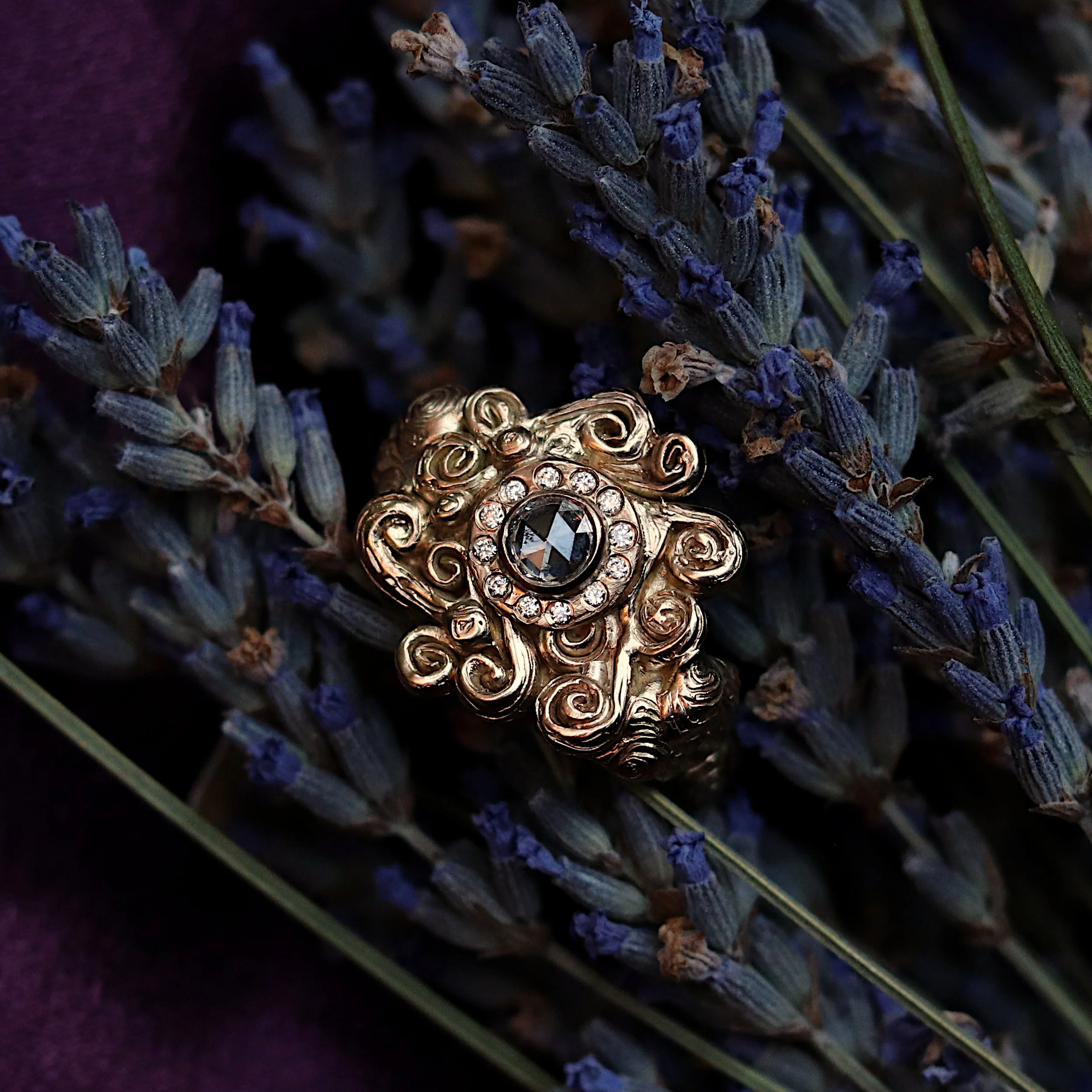 Love Ring Swirling Molten Diamond Halo Ring Lavender crop.JPG