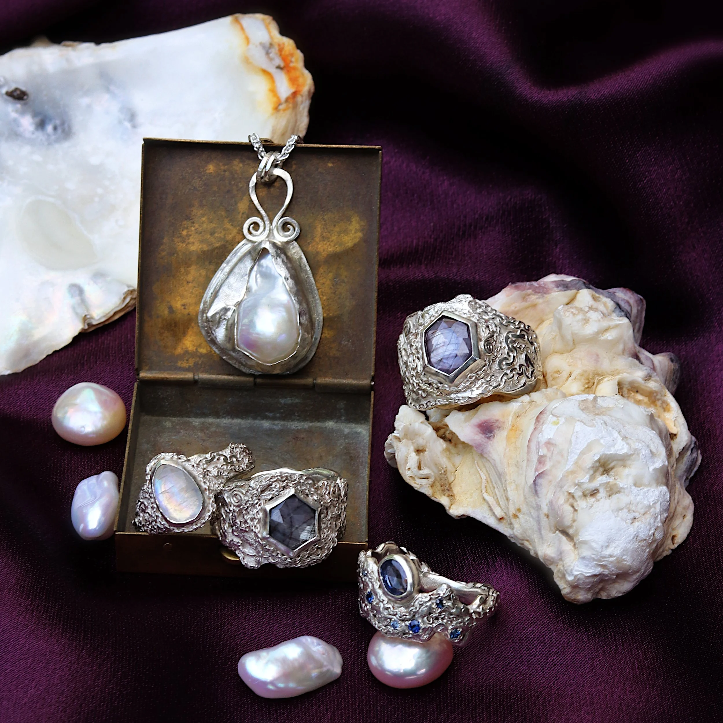 Molten Chain Hex Rings and Pearl Necklace crop.jpg